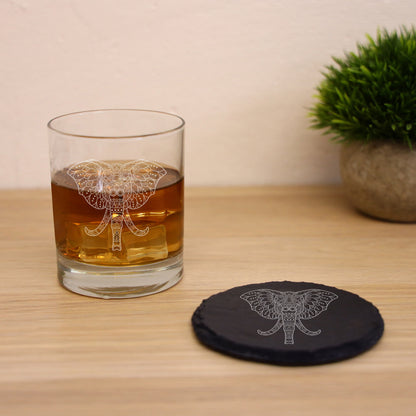 Engraved Elephant Mandala Whisky Glass and/or Coaster Set  - Always Looking Good -   Whisky Glass Gift