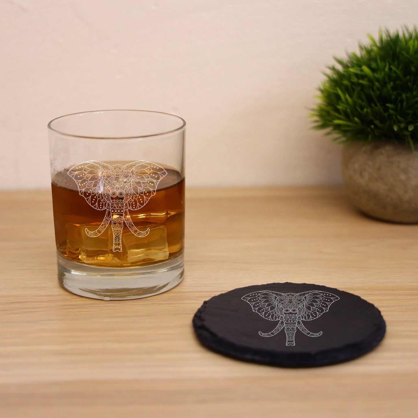 Engraved Elephant Mandala Whisky Glass and/or Coaster Set  - Always Looking Good - Glass & Round Coaster  
