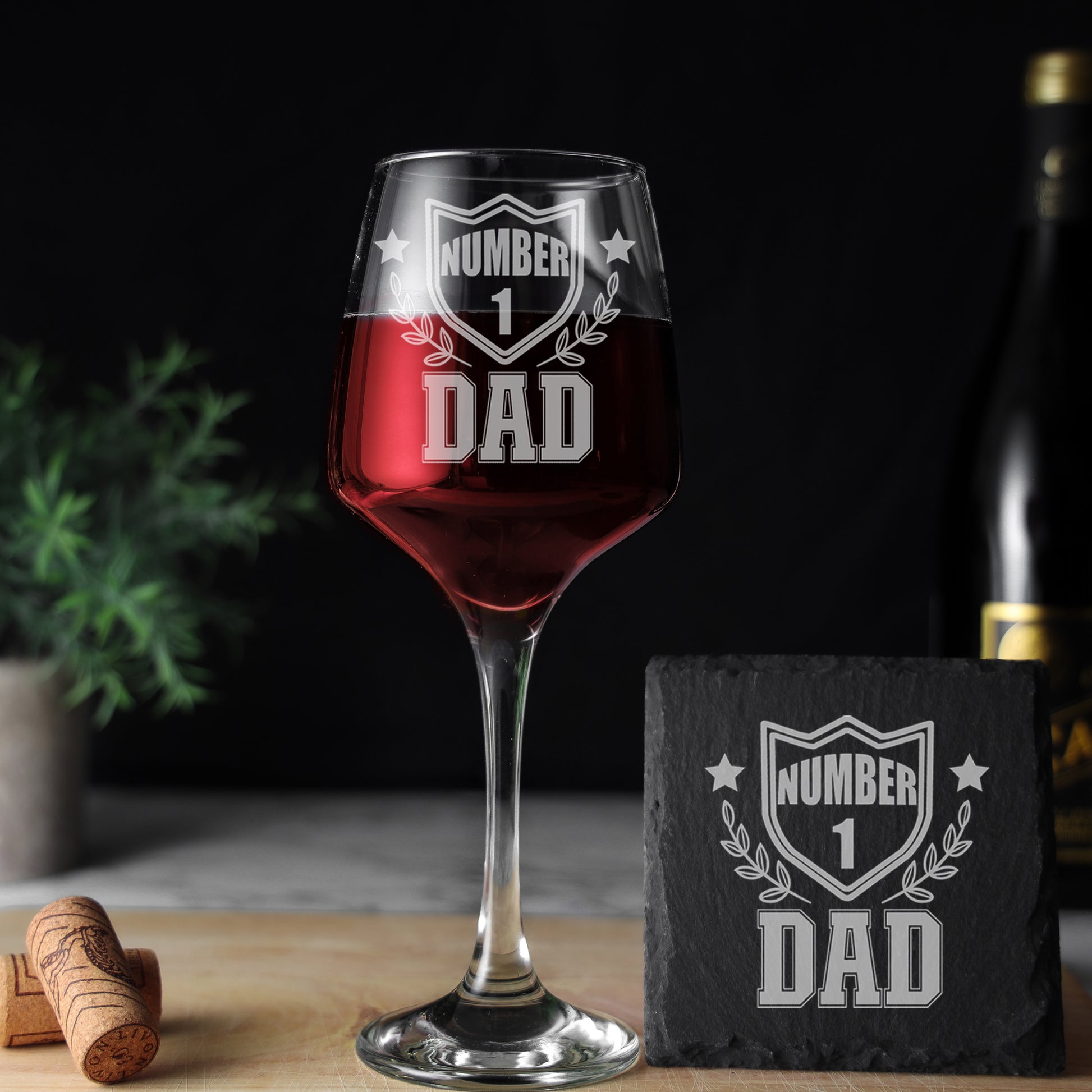 Engraved "Number 1 Dad" Wine Glass and/or Coaster Set  - Always Looking Good - Glass & Square Coaster  
