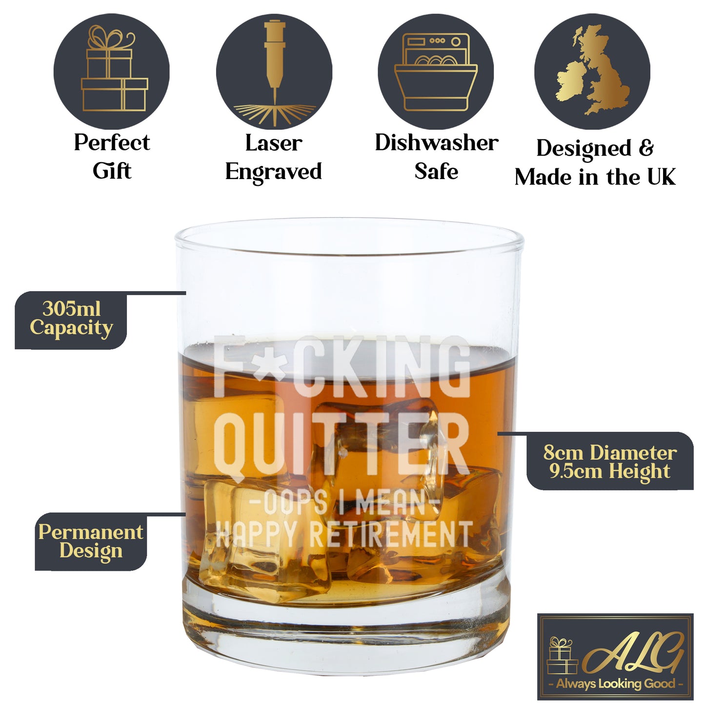 Engraved Funny "F*cking Quitter, Oops I mean Happy Retirement" Whisky Glass and/or Coaster Novelty Gift  - Always Looking Good -   