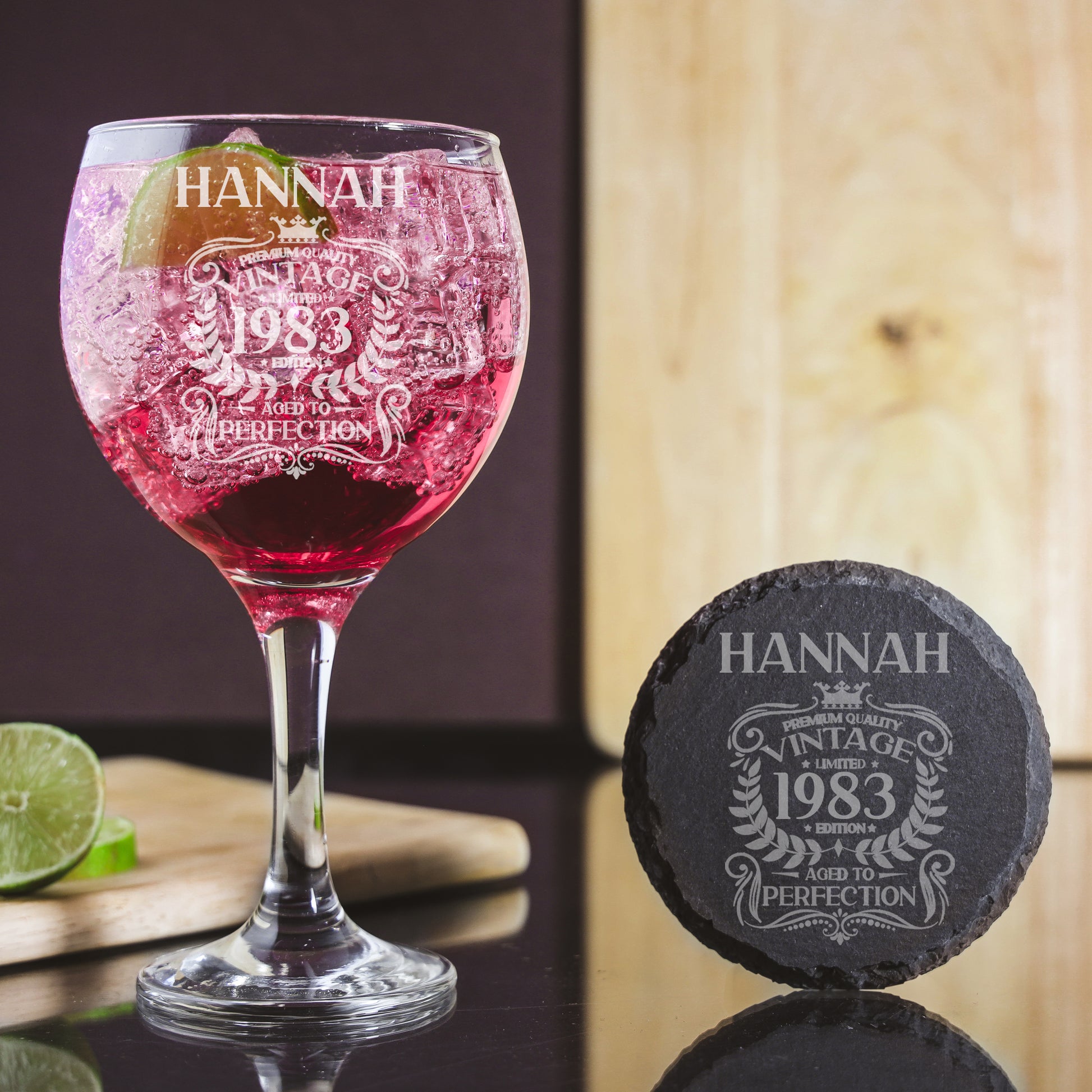 Personalised Engraved Vintage Birthday Design Glass and/or Coaster Gift  - Always Looking Good - Balloon Gin Glass Glass & Round Coaster 