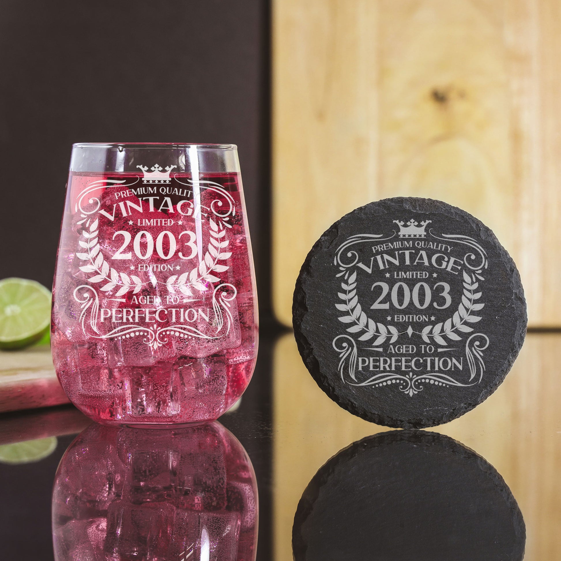 Vintage 2003 20th Birthday Engraved Stemless Gin Glass Gift  - Always Looking Good - Glass & Round Coaster  
