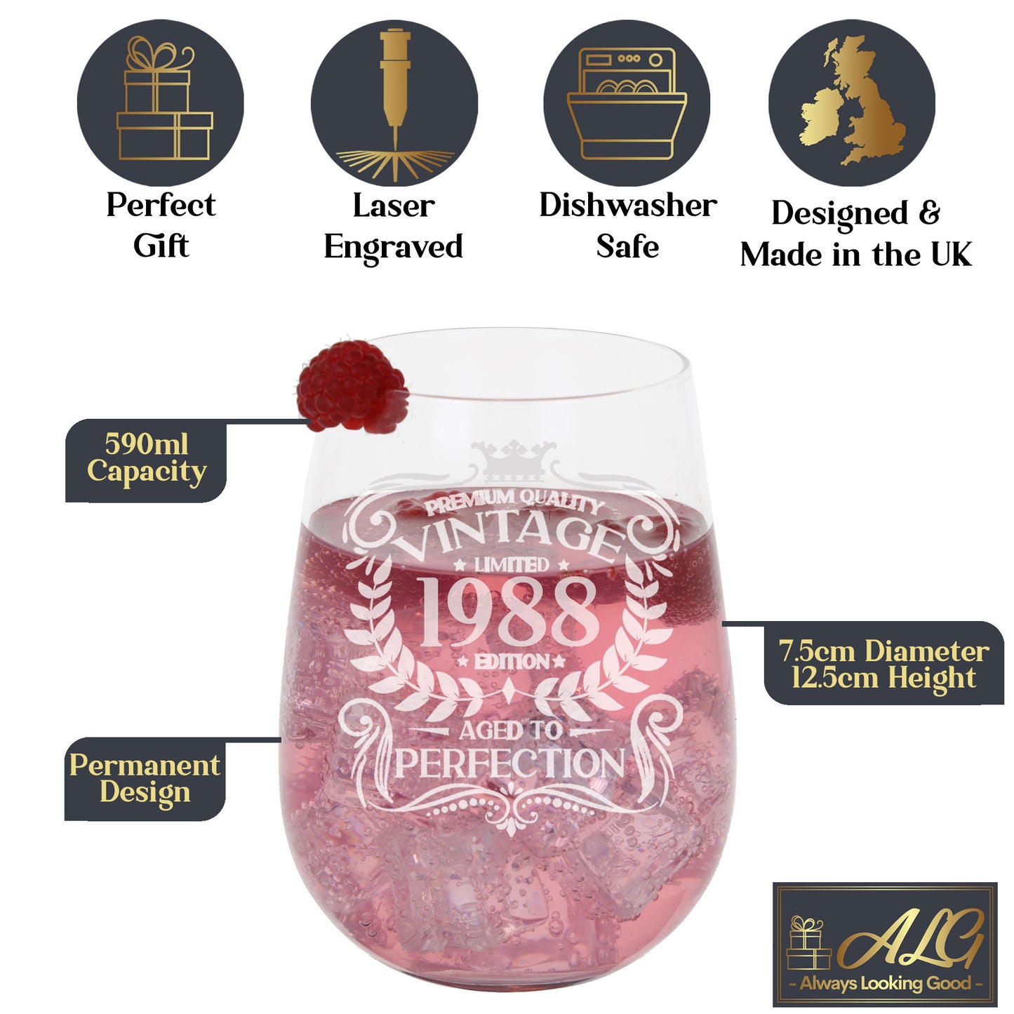 Vintage 1988 35th Birthday Engraved Stemless Gin Glass Gift  - Always Looking Good -   