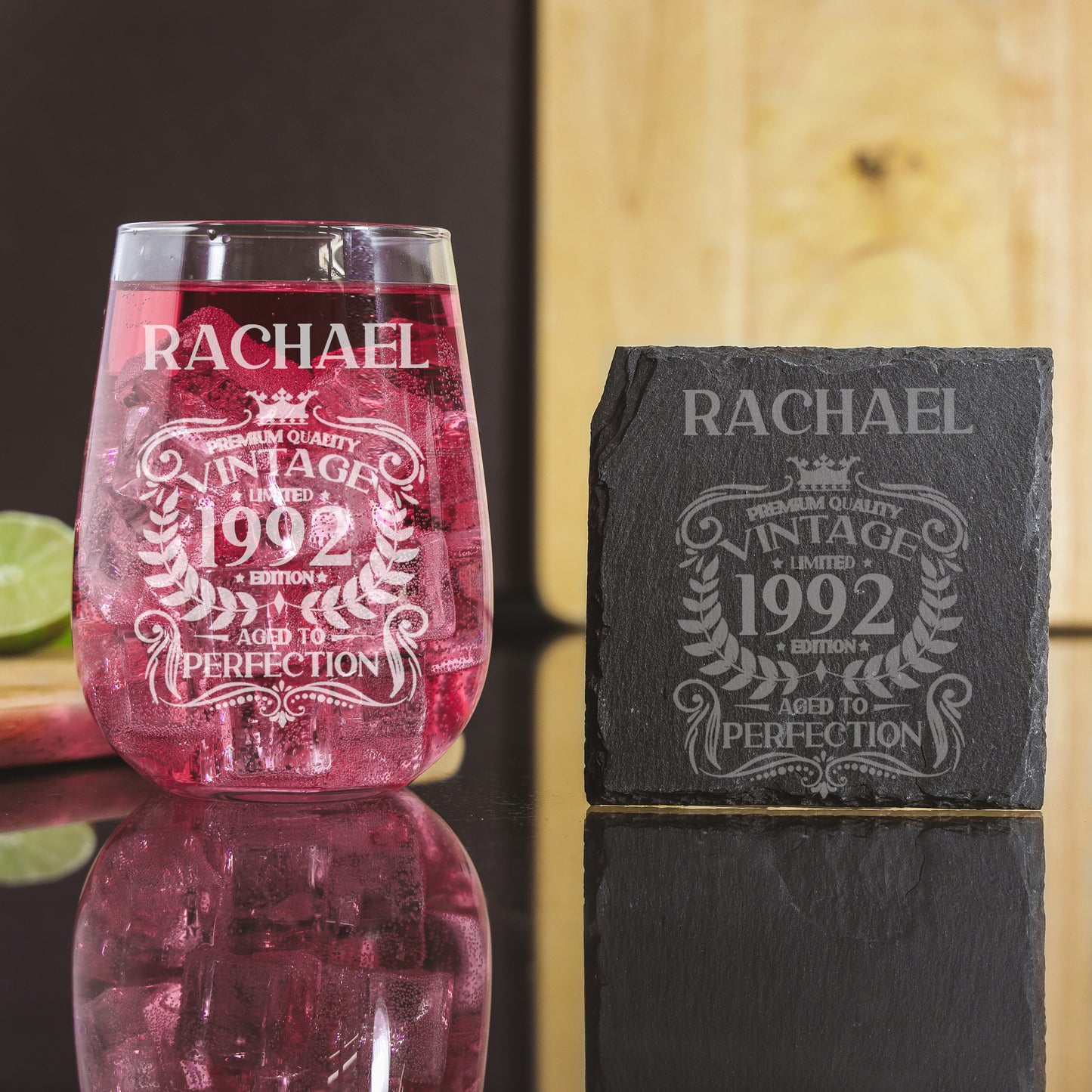 Personalised Engraved Vintage Birthday Design Glass and/or Coaster Gift  - Always Looking Good - Stemless Gin Glass Glass & Square Coaster 