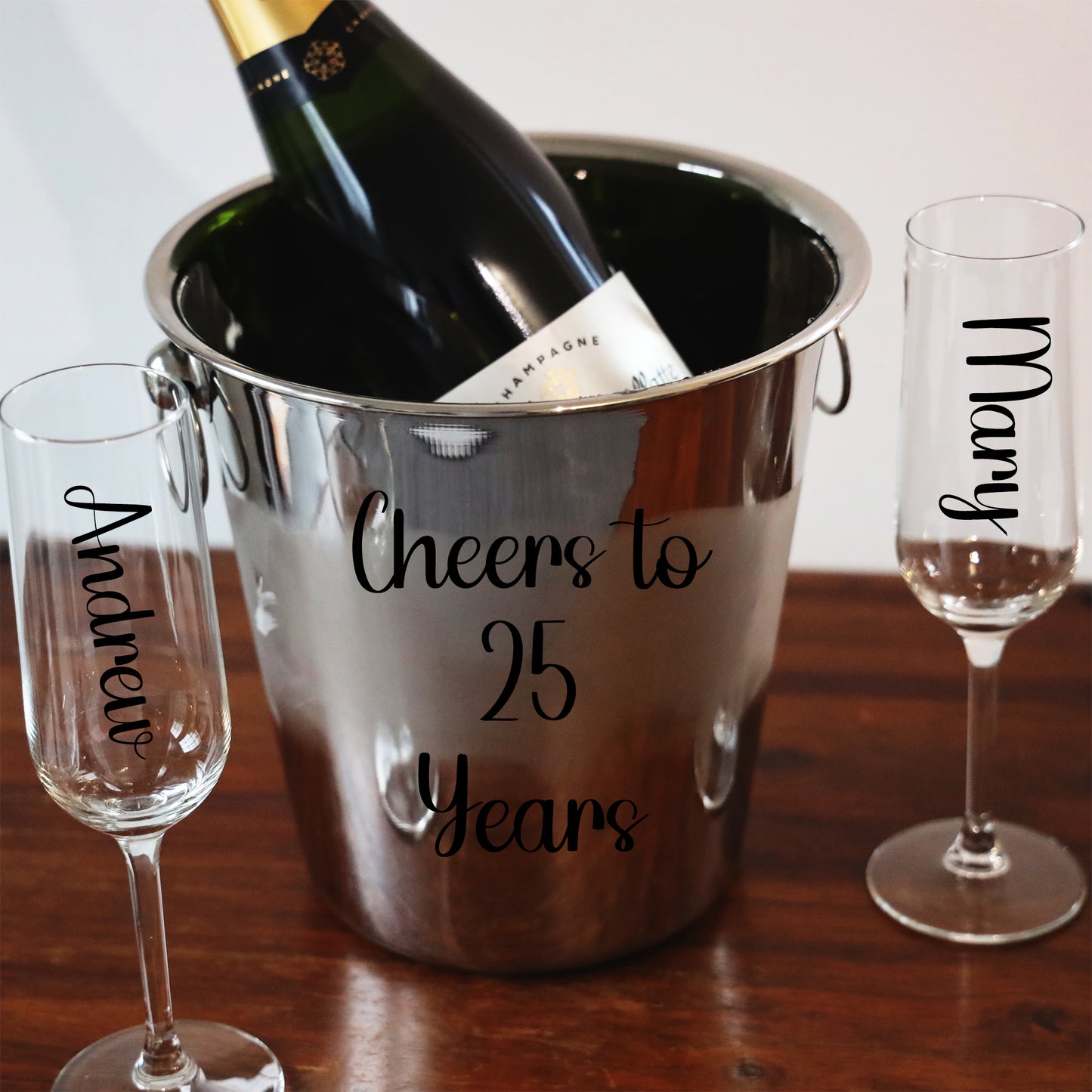 Personalised Silver Wedding Anniversary Ice Bucket With Matching Champagne Glasses  - Always Looking Good -   