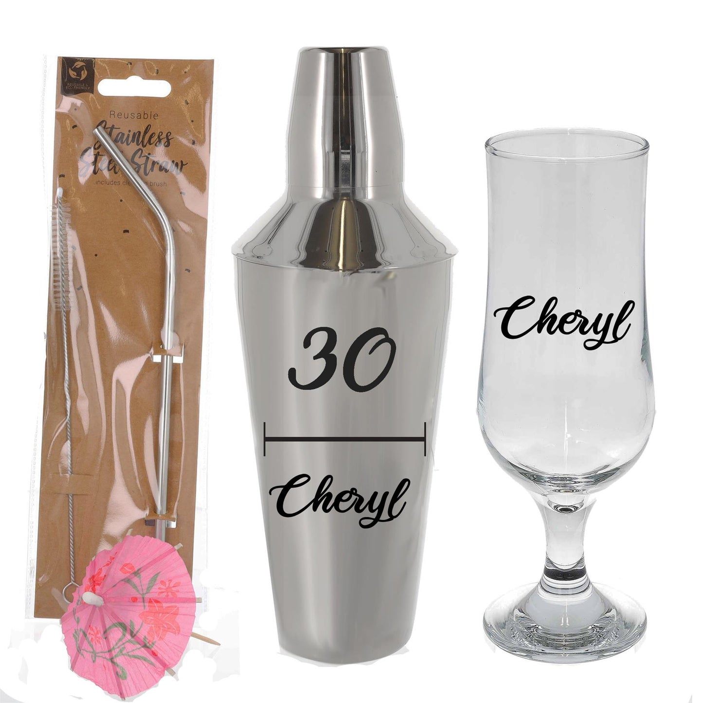 Personalised 30th Birthday Cocktail Shaker & Pina Colada Glass Gift Set  - Always Looking Good -   