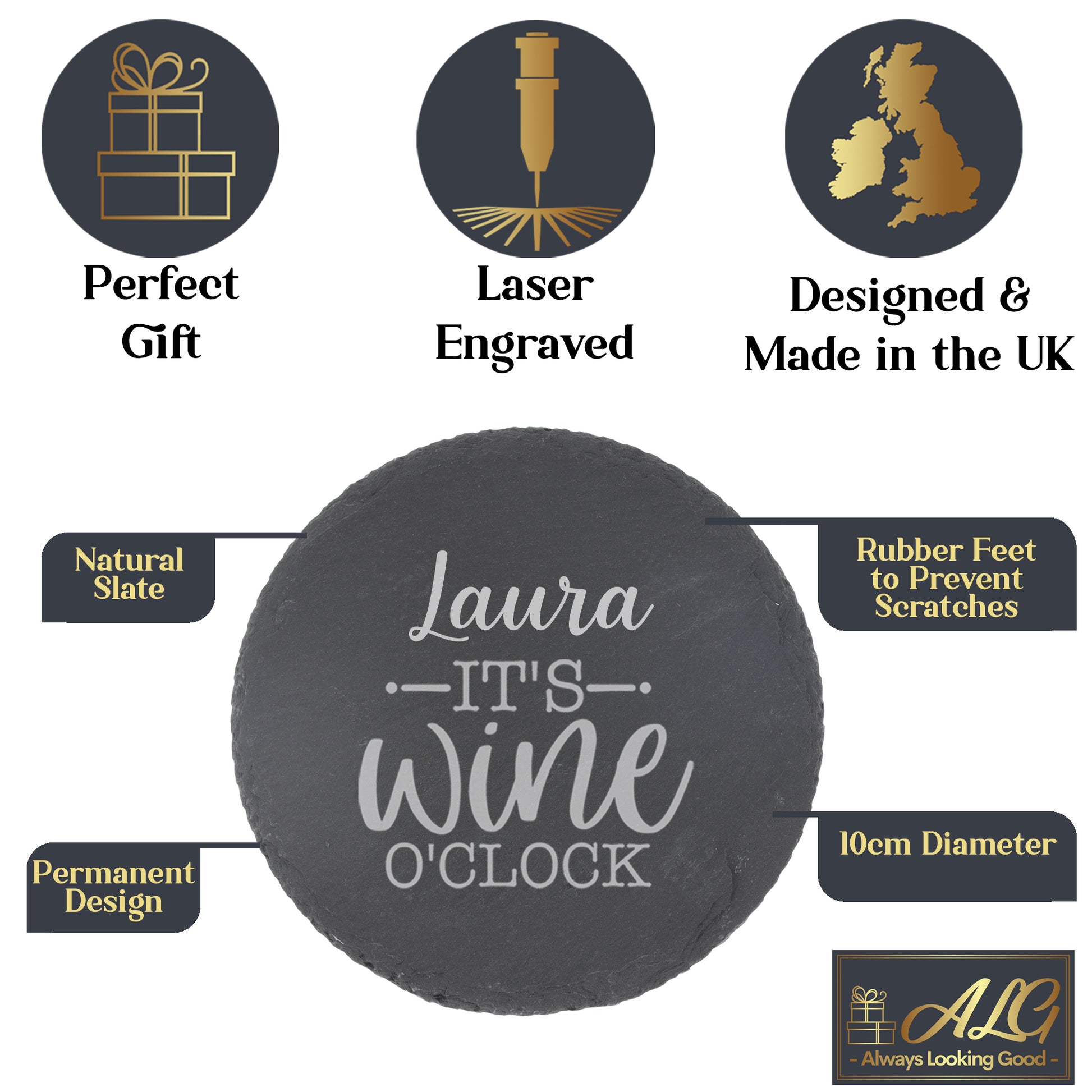 Personalised Wine O'clock Engraved Wine Glass and/or Coaster Gift Set  - Always Looking Good -   