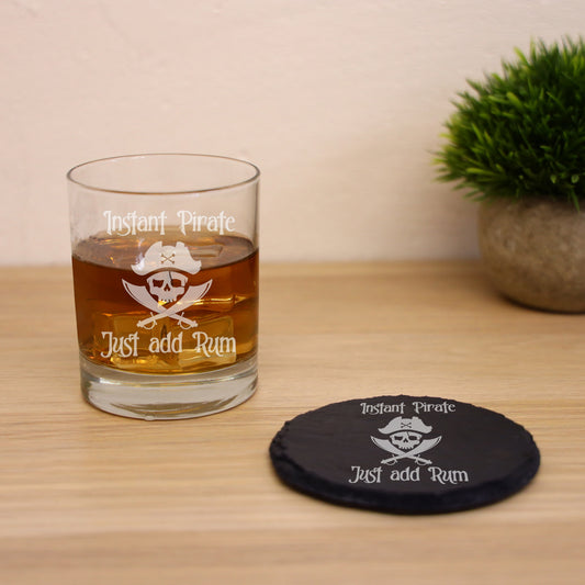 Personalised Engraved "Instant Pirate" Rum Glass and/or Coaster Set  - Always Looking Good - Glass & Round Coaster  