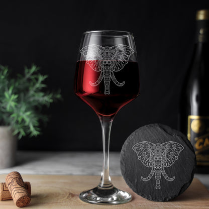 Engraved Elephant Mandala Wine Glass and/or Coaster Set  - Always Looking Good - Glass & Round Coaster  