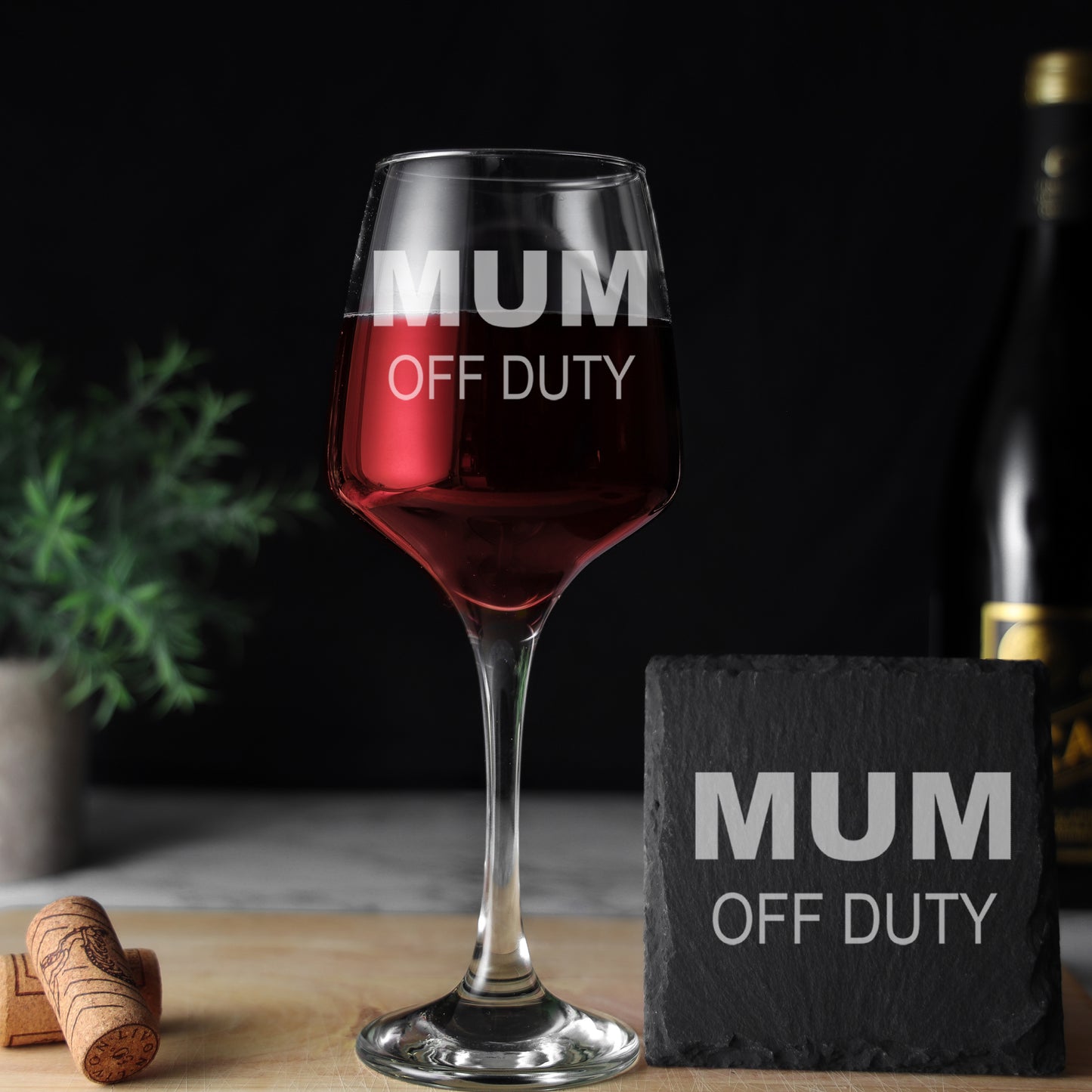 Engraved "Mum Off Duty" Novelty Wine Glass and/or Coaster Set  - Always Looking Good - Glass & Square Coaster  