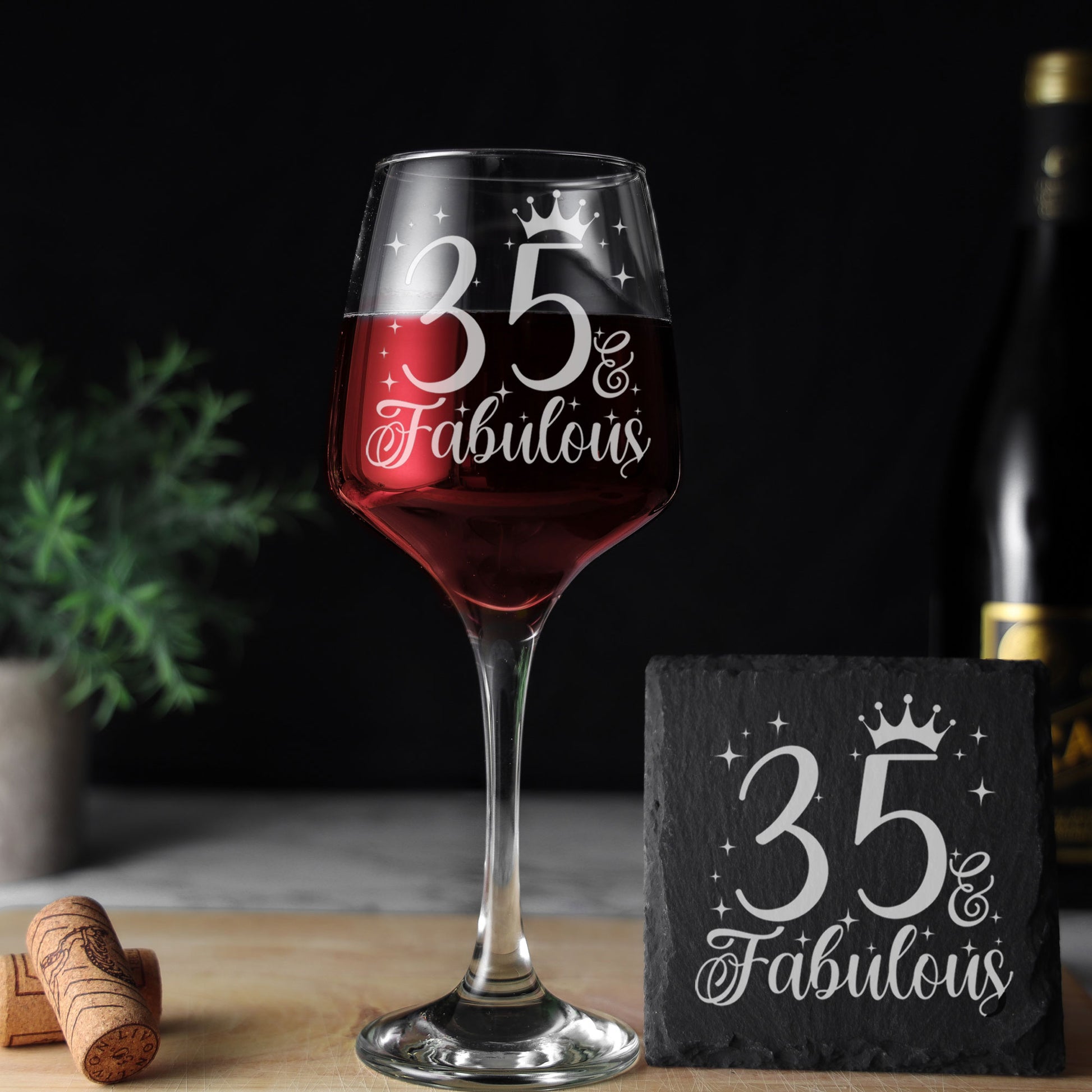 35 & Fabulous 35th Birthday Gift Engraved Wine Glass and/or Coaster Set  - Always Looking Good - Glass & Square Coaster  