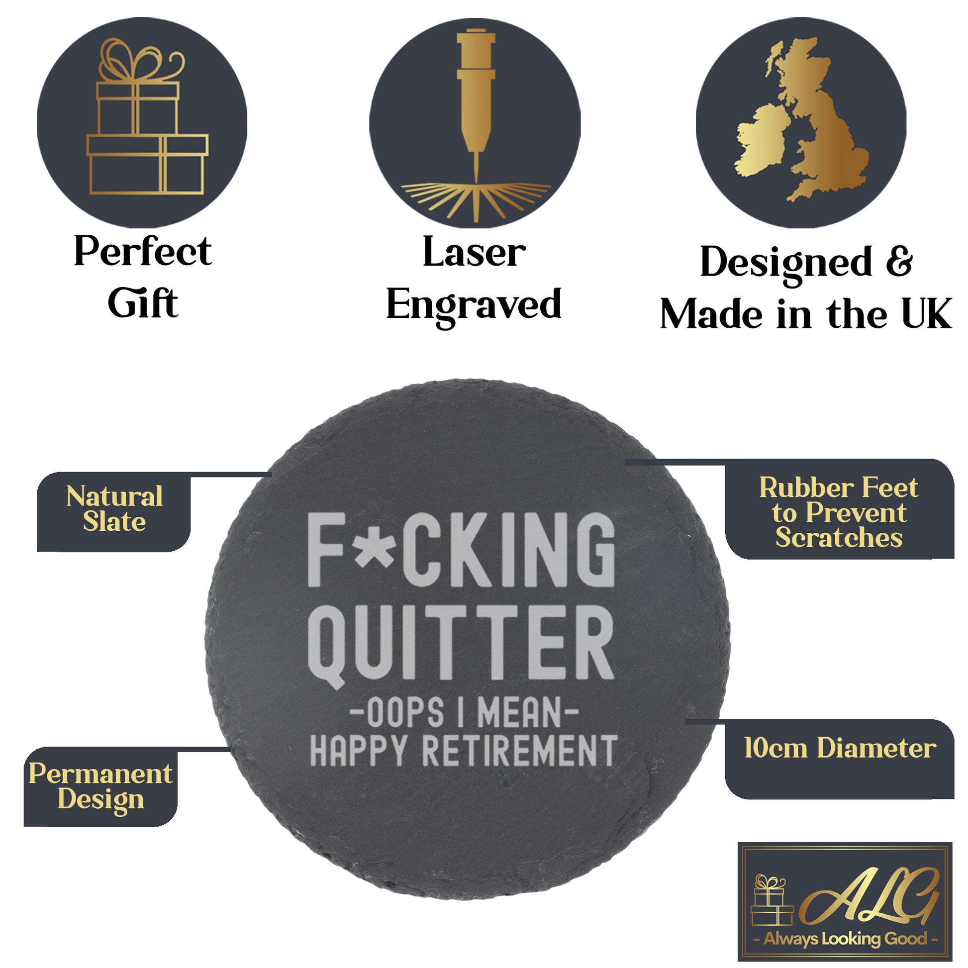 Engraved Funny "F*cking Quitter, Oops I mean Happy Retirement" Wine Glass and/or Coaster Novelty Gift  - Always Looking Good -   