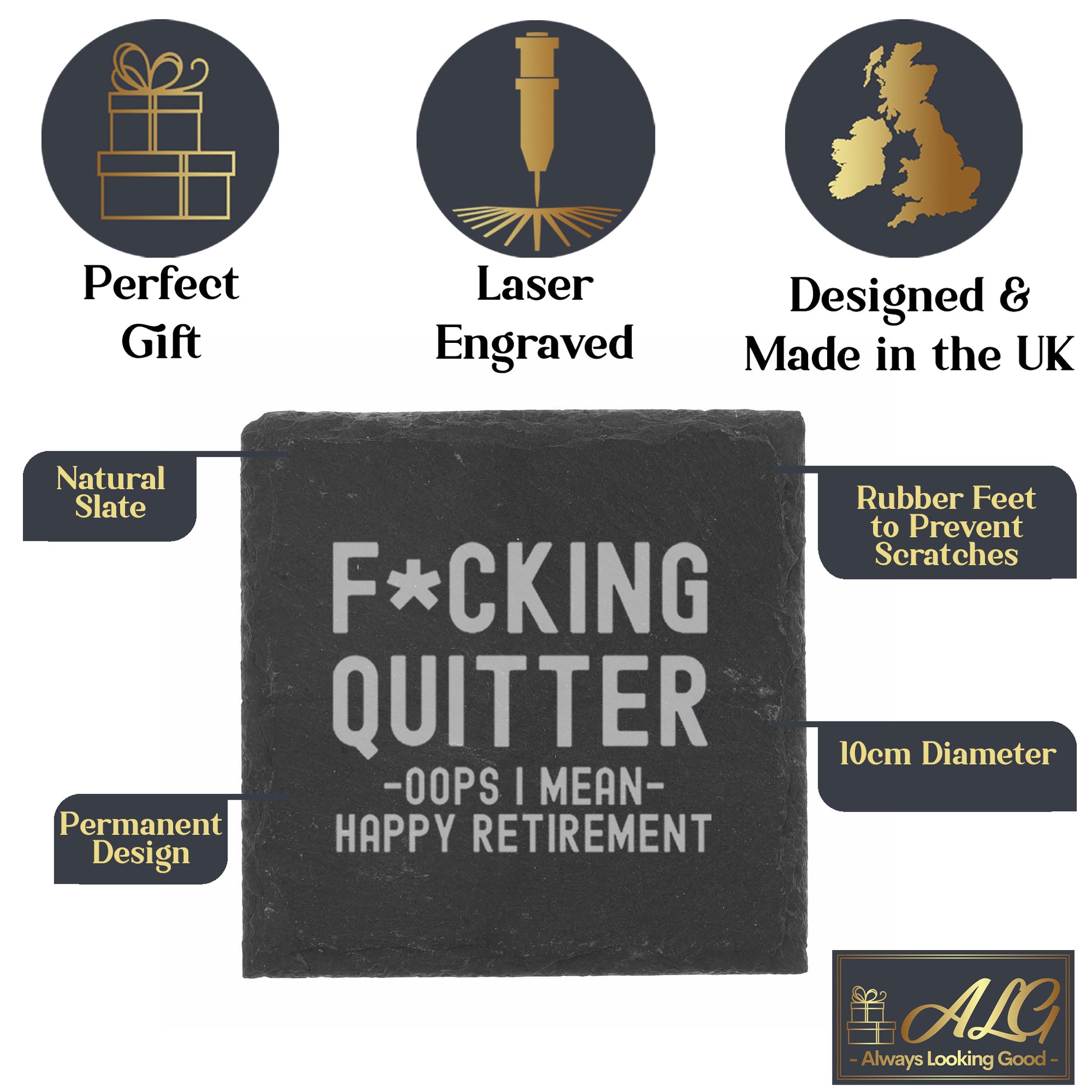 Engraved Funny "F*cking Quitter, Oops I mean Happy Retirement" Wine Glass and/or Coaster Novelty Gift  - Always Looking Good -   