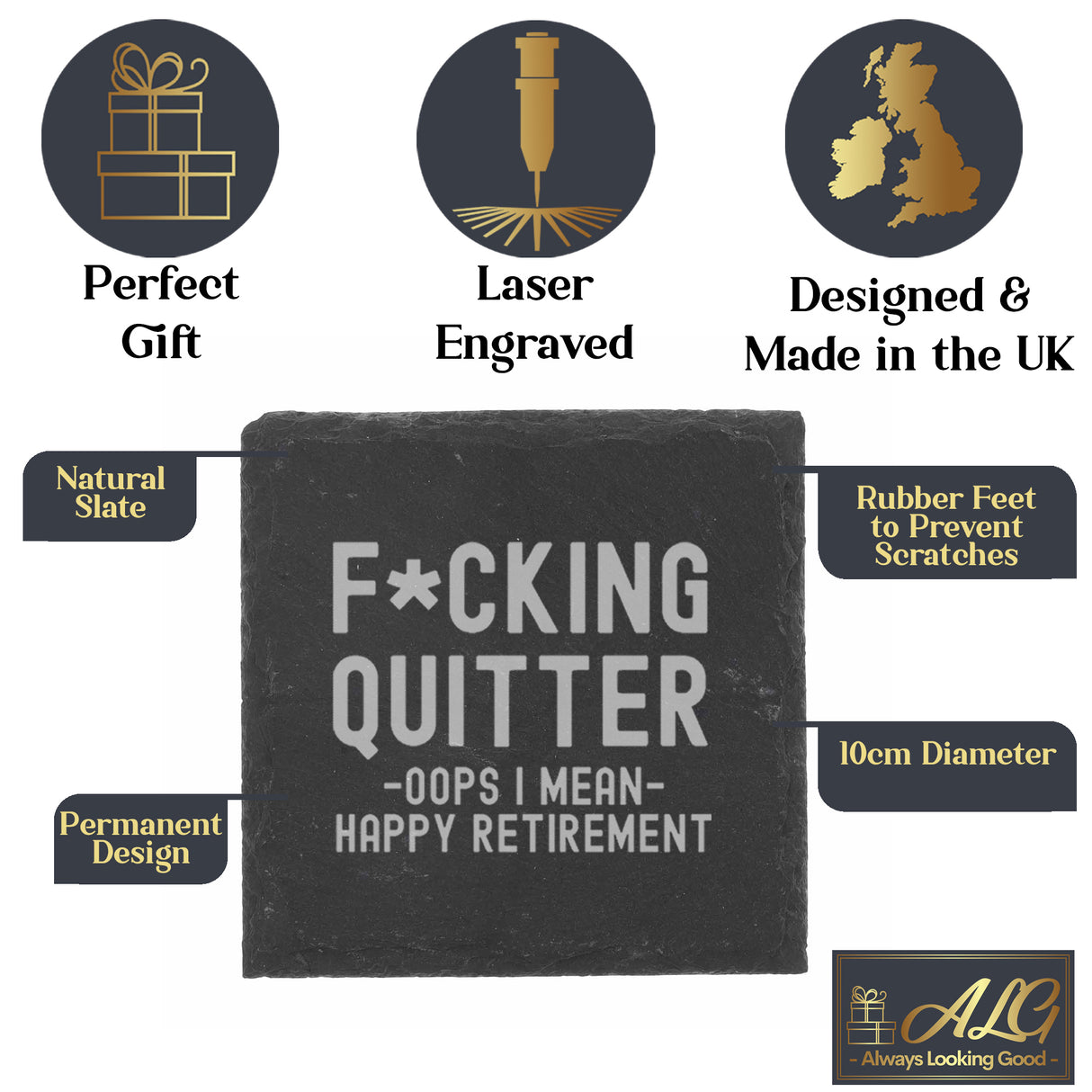 Engraved Funny "F*cking Quitter, Oops I mean Happy Retirement" Whisky Retirement  Glass and/or Coaster Novelty Gift  - Always Looking Good -   