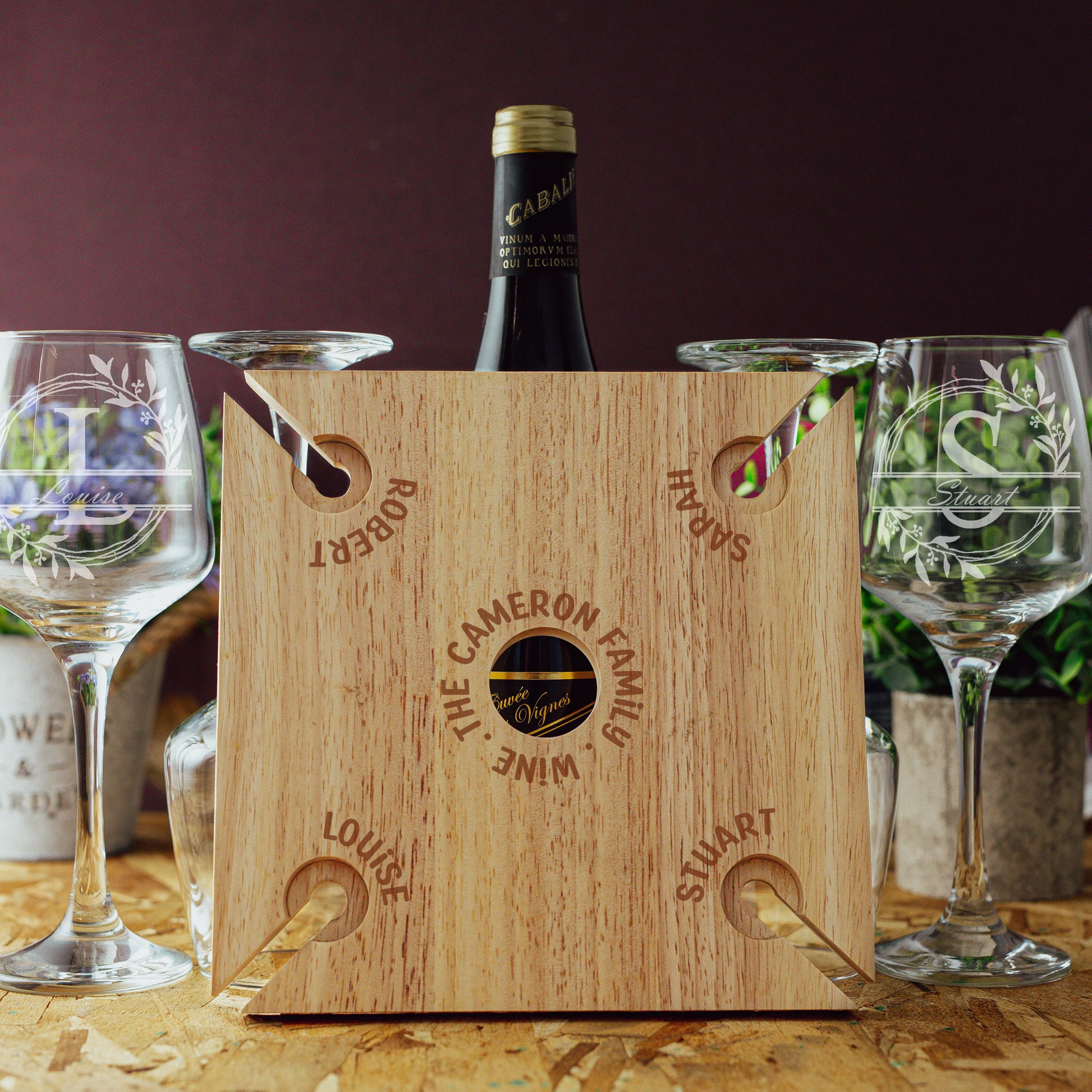Engraved Personalised Wooden 4 Wine Glass Butler Caddy With Names  - Always Looking Good - Family Names - Empty  
