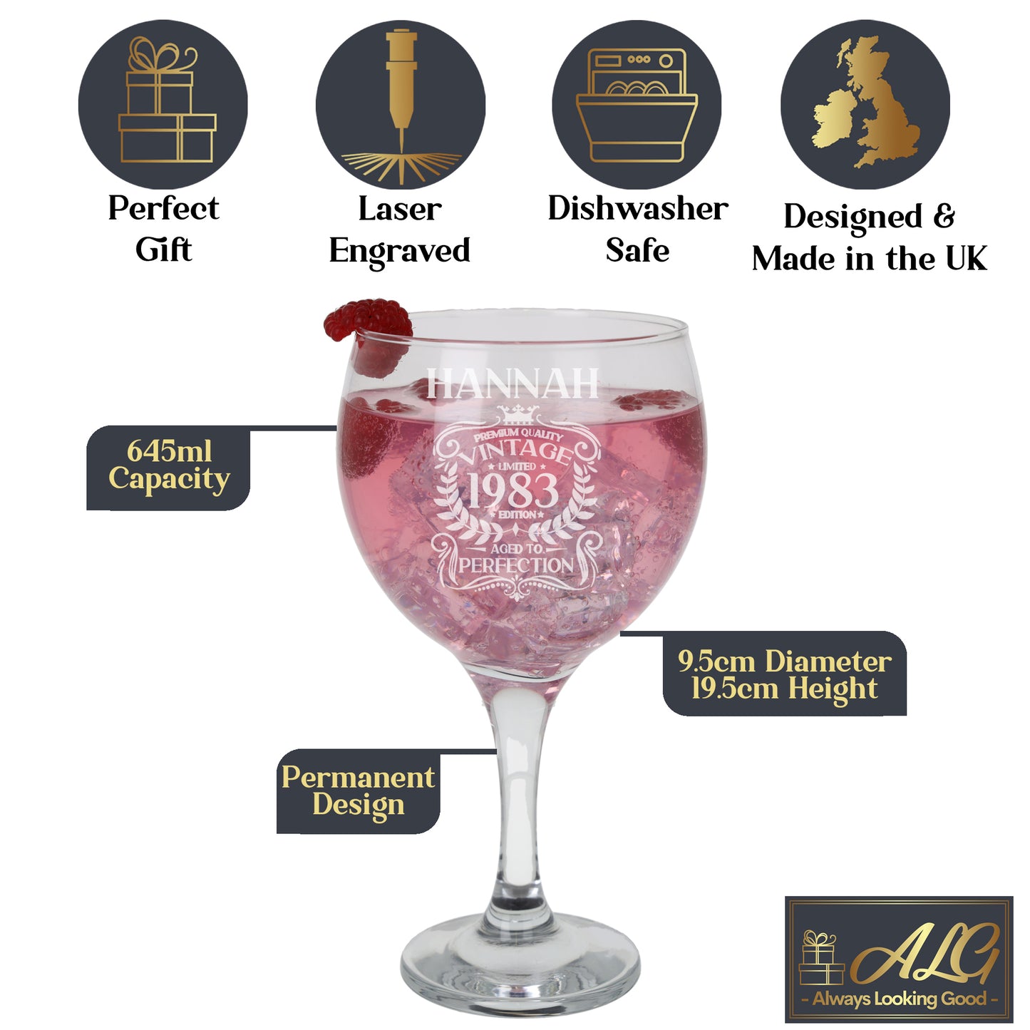 Personalised Engraved Vintage Birthday Design Glass and/or Coaster Gift  - Always Looking Good - Balloon Gin Glass Glass Only 