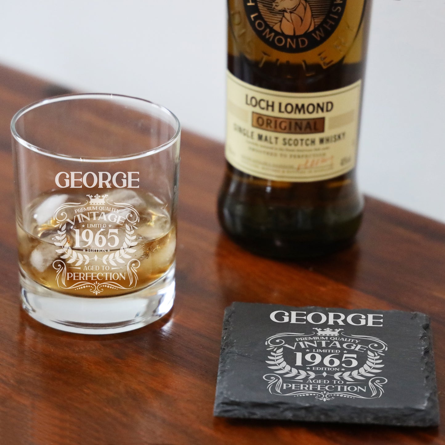 Personalised Engraved Vintage Birthday Design Glass and/or Coaster Gift  - Always Looking Good - Whisky Glass Glass & Square Coaster 