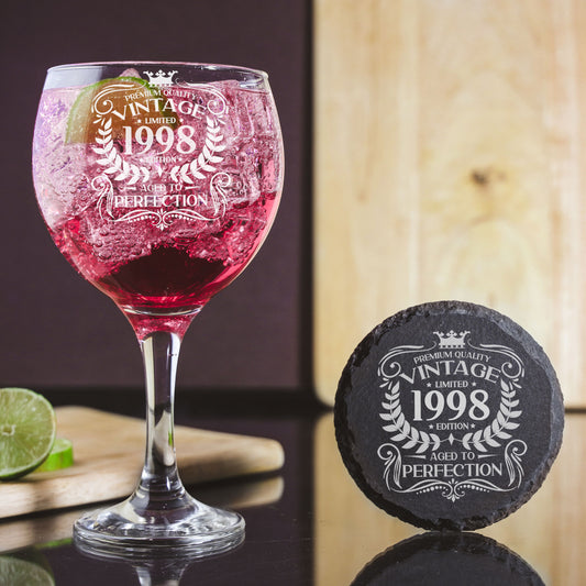 Vintage 1998 25th Birthday Engraved Gin Glass Gift  - Always Looking Good - Glass & Round Coaster  