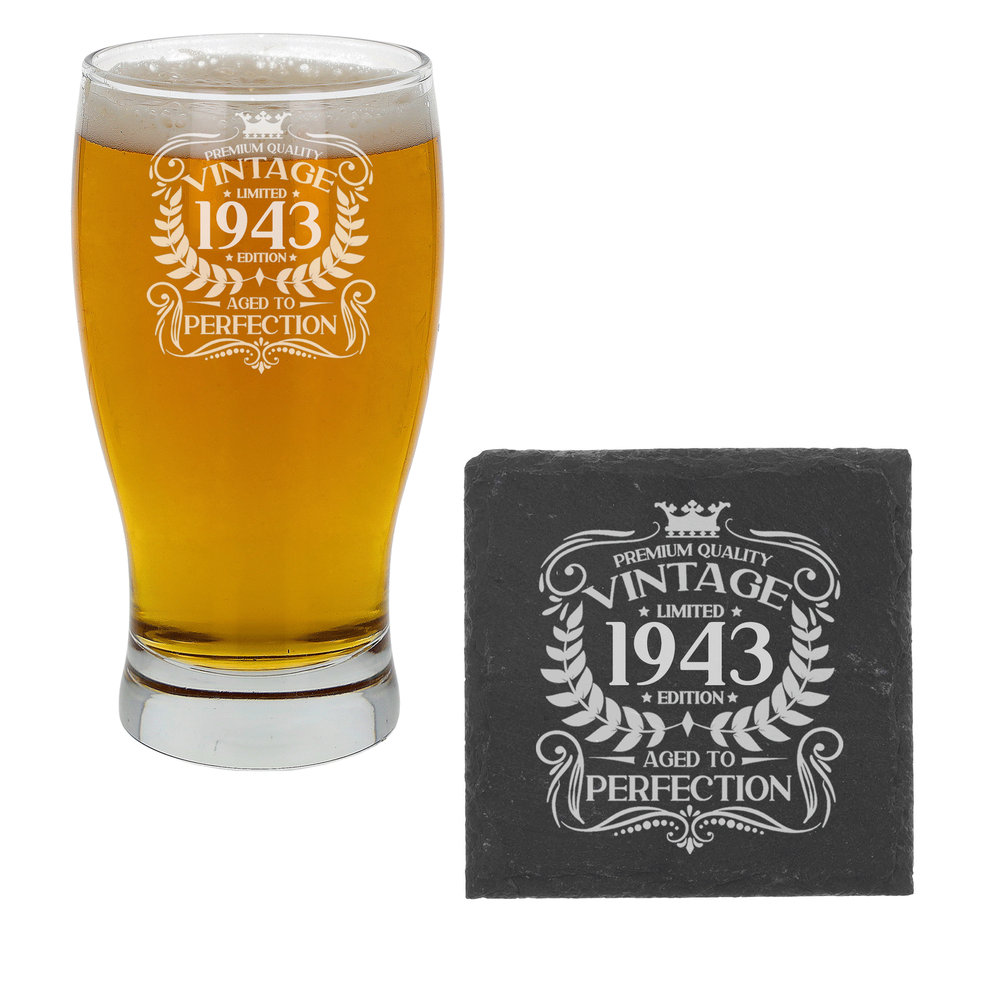 Vintage 1943 80th Birthday Engraved Beer Pint Glass Gift  - Always Looking Good - Glass & Square Coaster  
