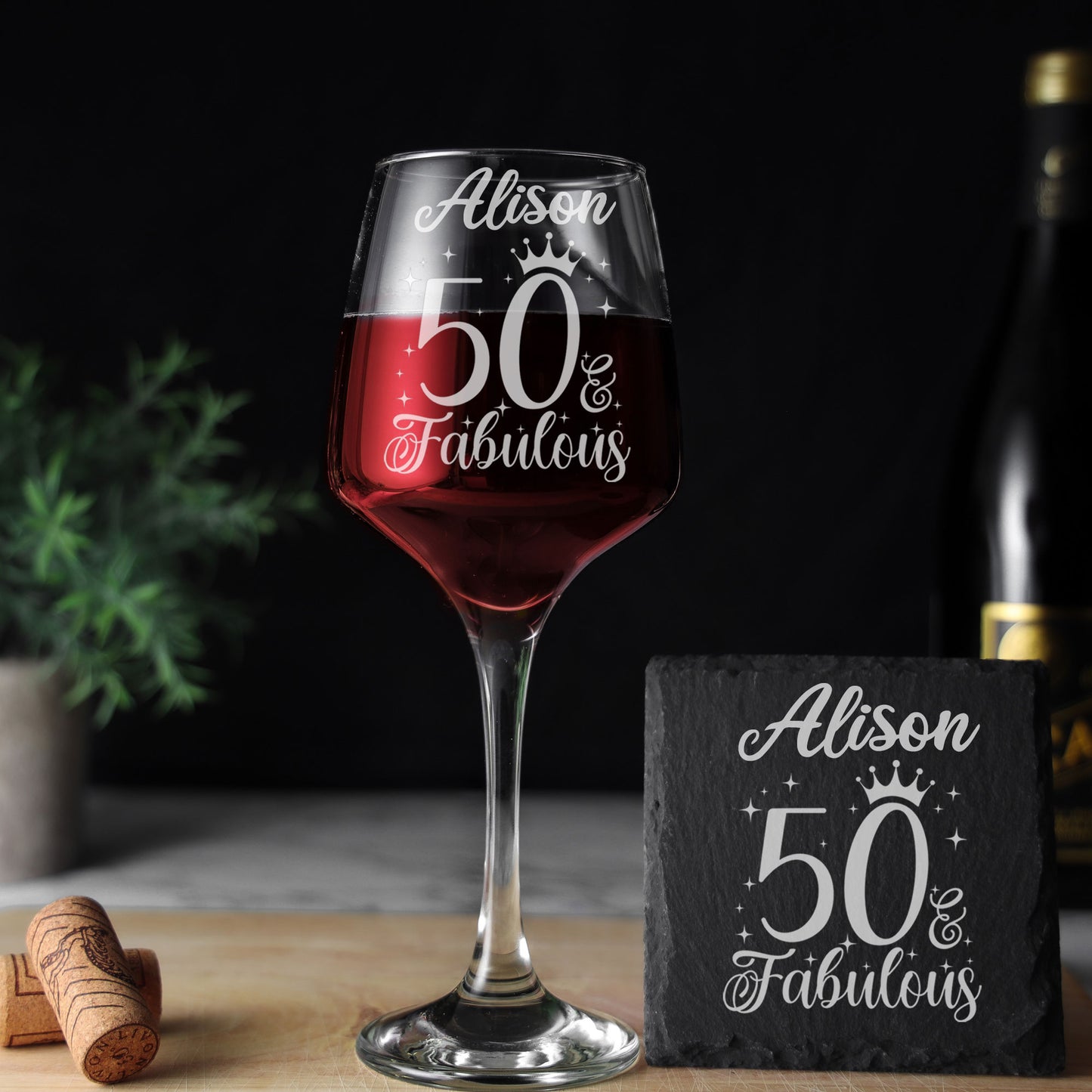 50 & Fabulous 50th Birthday Gift Engraved Wine Glass and/or Coaster Set  - Always Looking Good -   