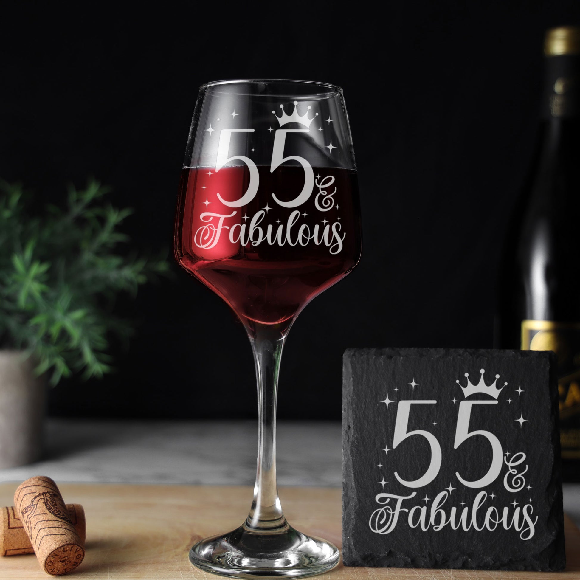 55 & Fabulous 55th Birthday Gift Engraved Wine Glass and/or Coaster Set  - Always Looking Good - Glass & Square Coaster  
