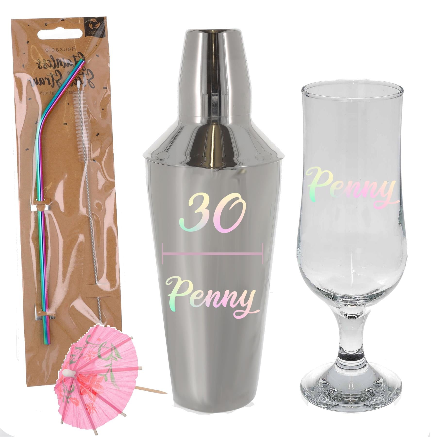 Personalised 30th Birthday Cocktail Shaker & Pina Colada Glass Gift Set  - Always Looking Good - Full Set  