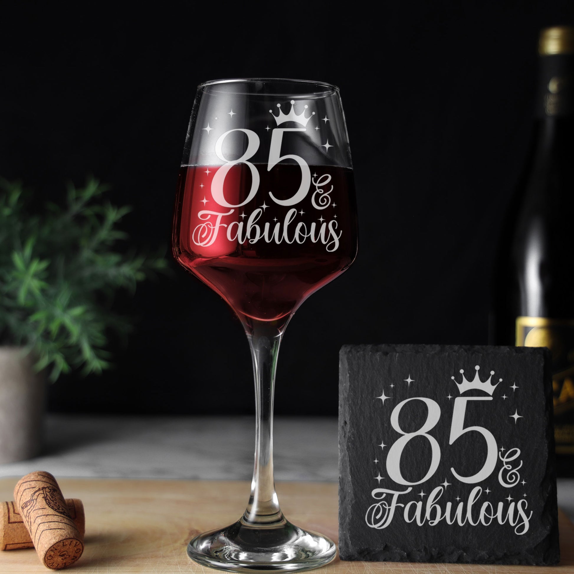 85 & Fabulous 85th Birthday Gift Engraved Wine Glass and/or Coaster Set  - Always Looking Good - Glass & Square Coaster  