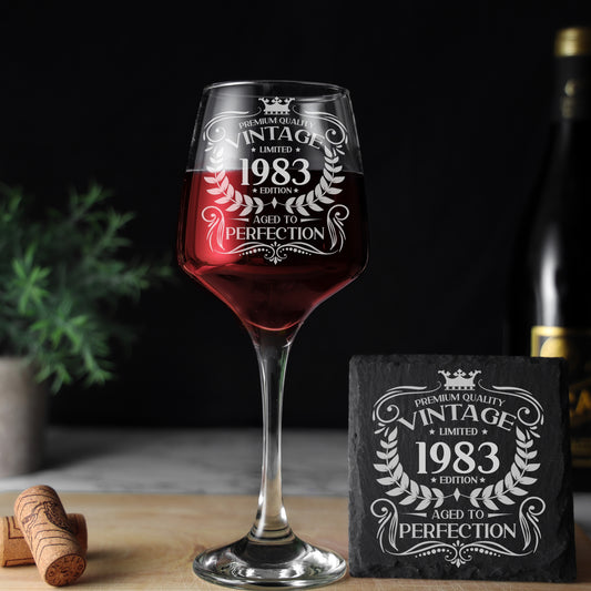 Vintage 1983 40th Birthday Engraved Wine Glass Gift  - Always Looking Good - Glass & Square Coaster  
