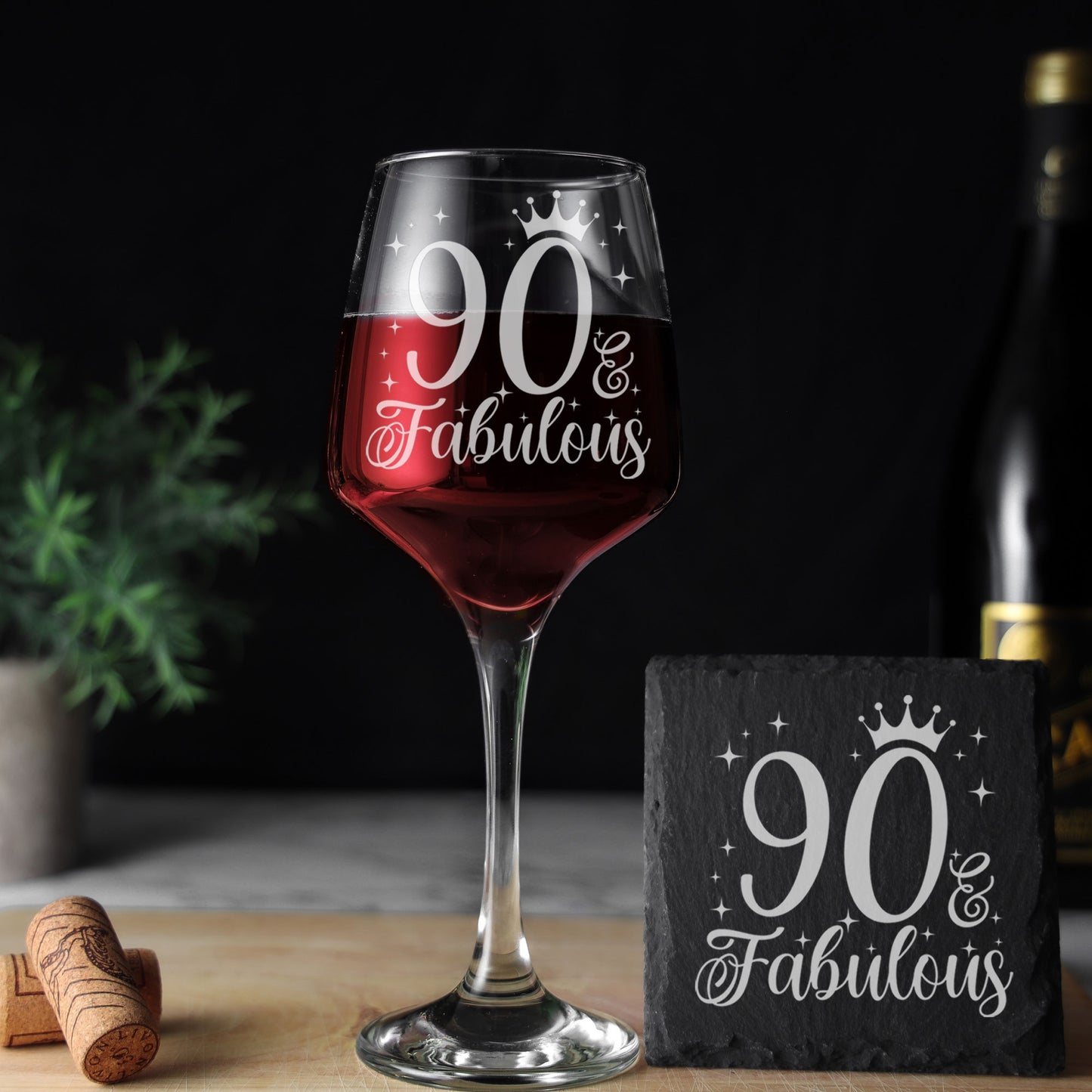 90 & Fabulous 90th Birthday Gift Engraved Wine Glass and/or Coaster Set  - Always Looking Good - Glass & Square Coaster  