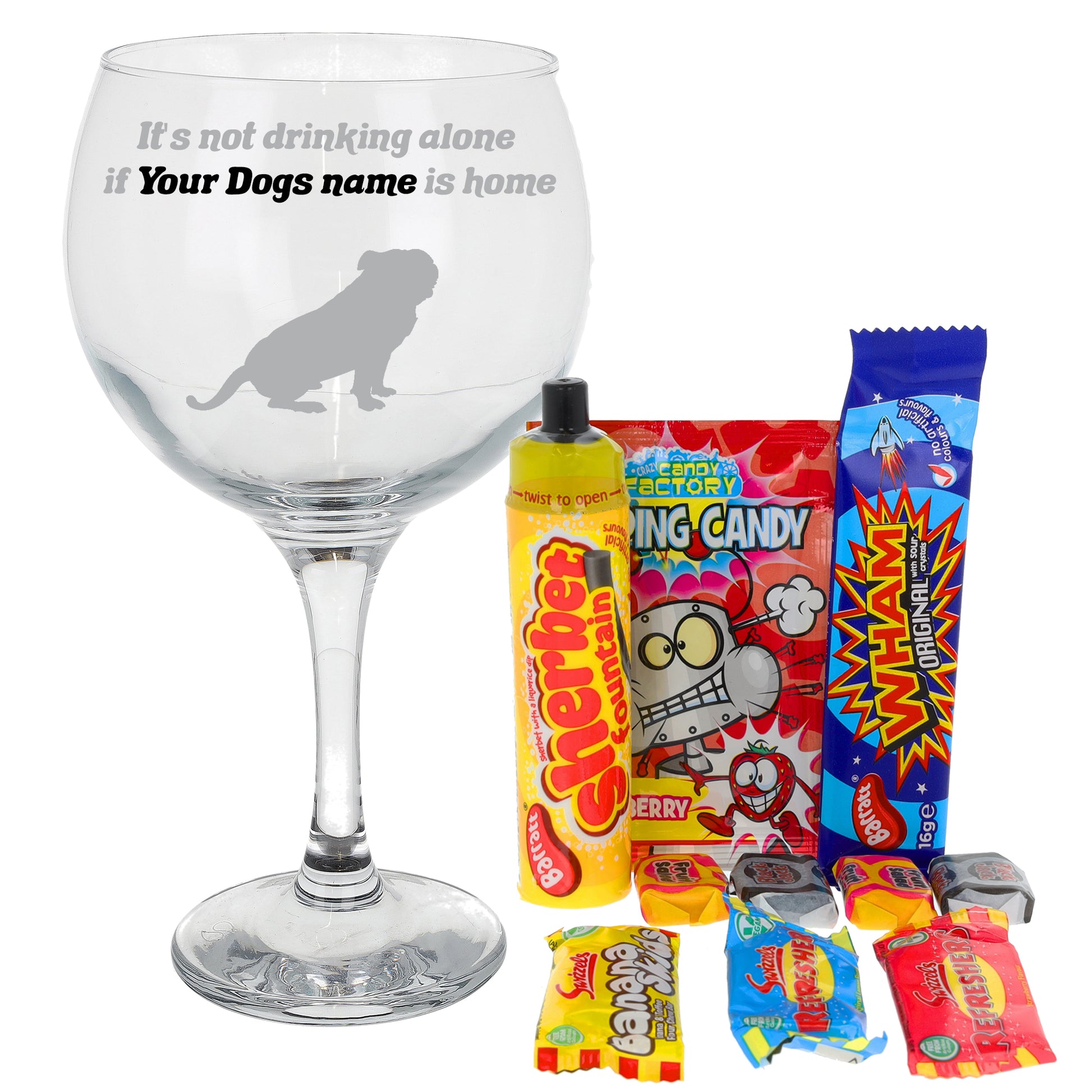Engraved Personalised Dog Breed Gin Glass  - Always Looking Good - Filled with Retro Sweets  