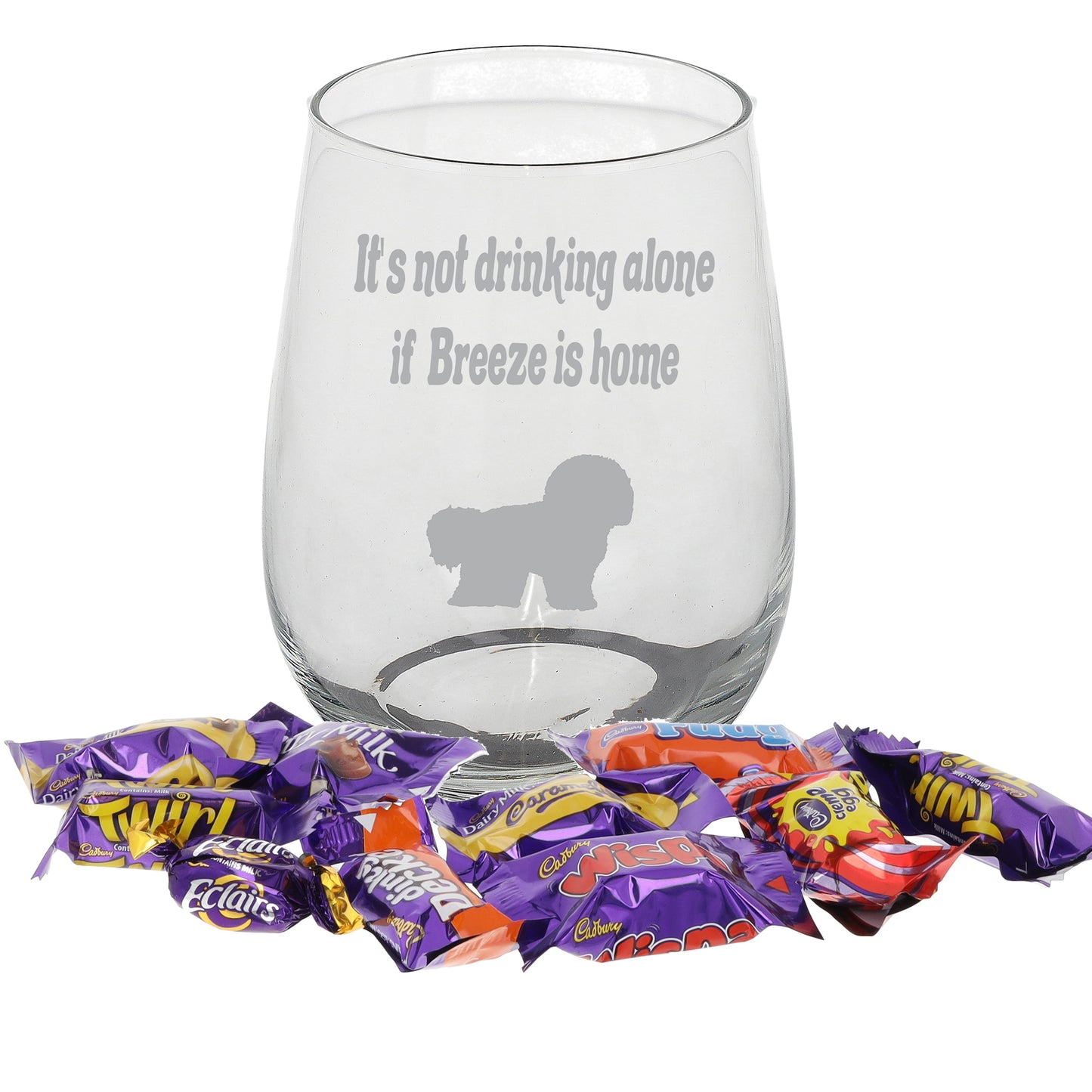 Engraved Personalised Dog Breed Filled Stemless Wine Glass  - Always Looking Good - Filled with Heroes Chocolate  