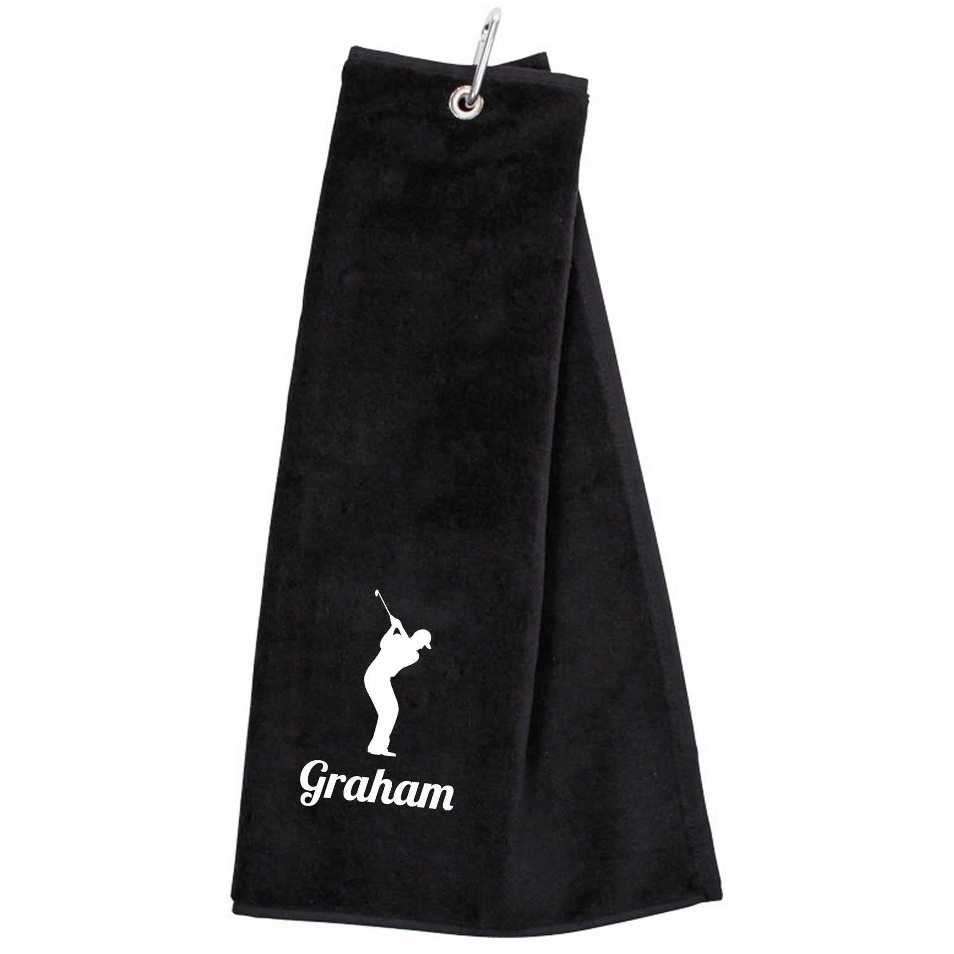 Personalised Embroidered Tri Fold GOLF Towel Trifold Towel with Carabiner Clip  - Always Looking Good - Black  