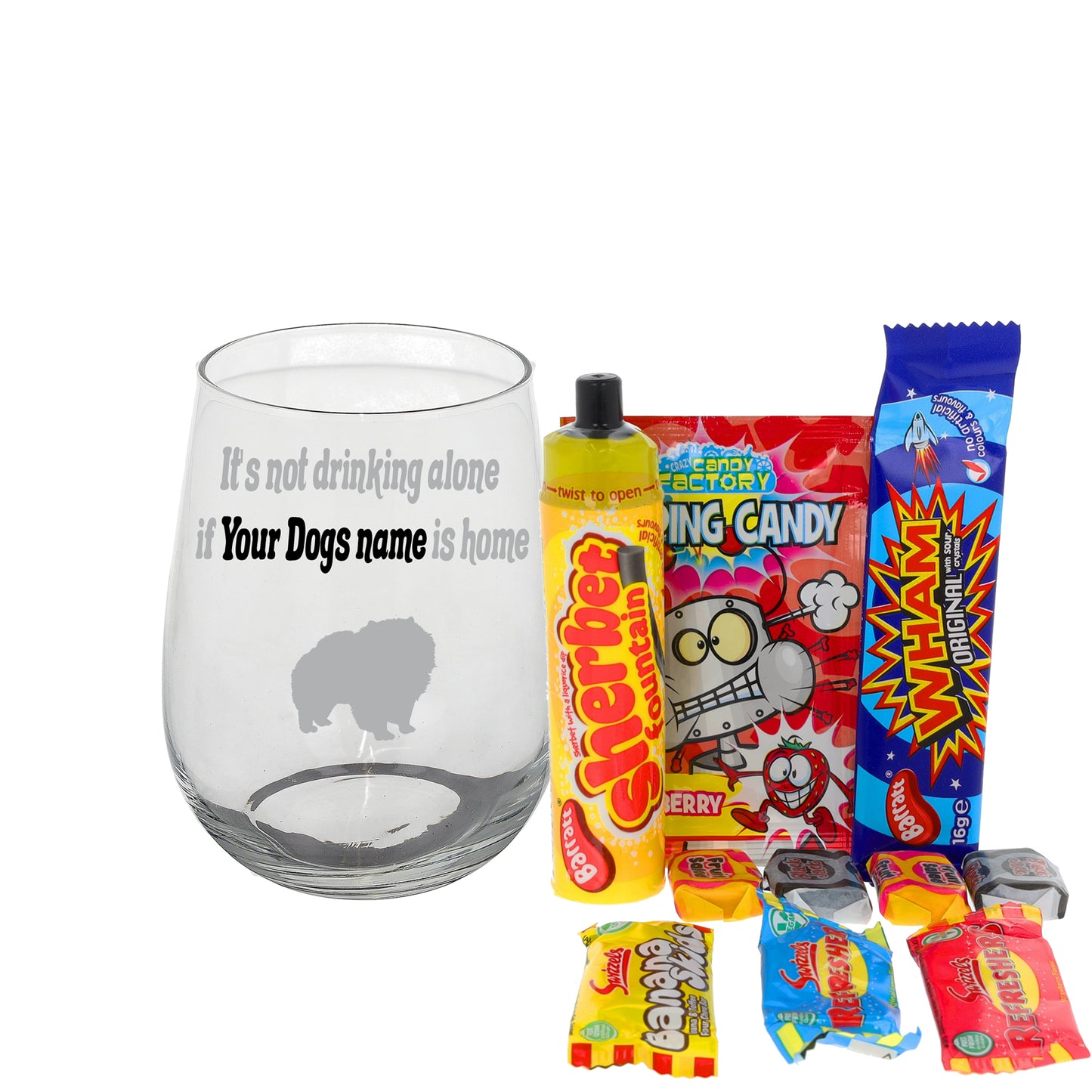 Engraved Personalised Dog Breed Filled Stemless Wine Glass  - Always Looking Good - Filled with Retro Sweets  
