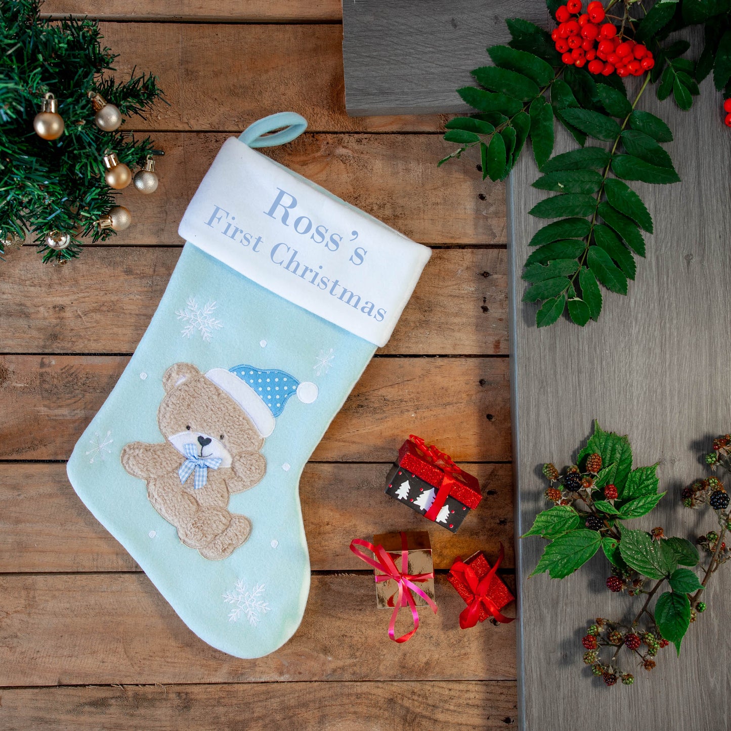 Personalised Baby's 1st Christmas Bear Stocking Sentimental Keepsake  - Always Looking Good - Baby Blue  