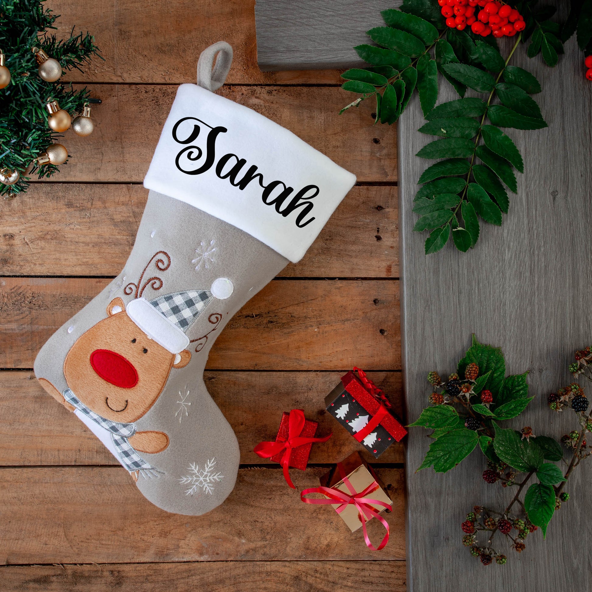 Personalised Embroidered Grey Christmas Santa Stocking Reindeer Or Santa Design  - Always Looking Good -   