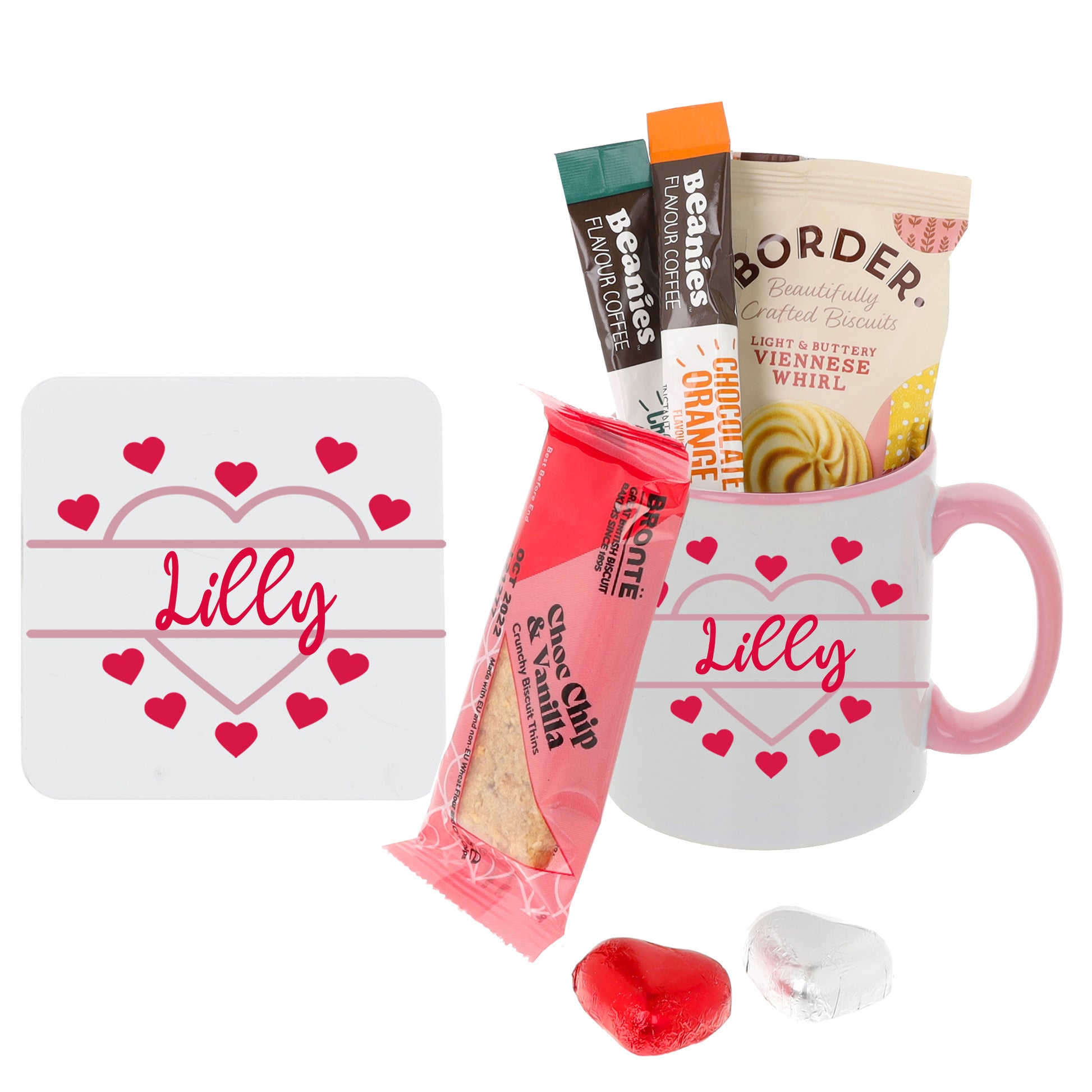 Personalised Pink Heart Design Mug and Coaster with Treats  - Always Looking Good - Coffee Filled Set  