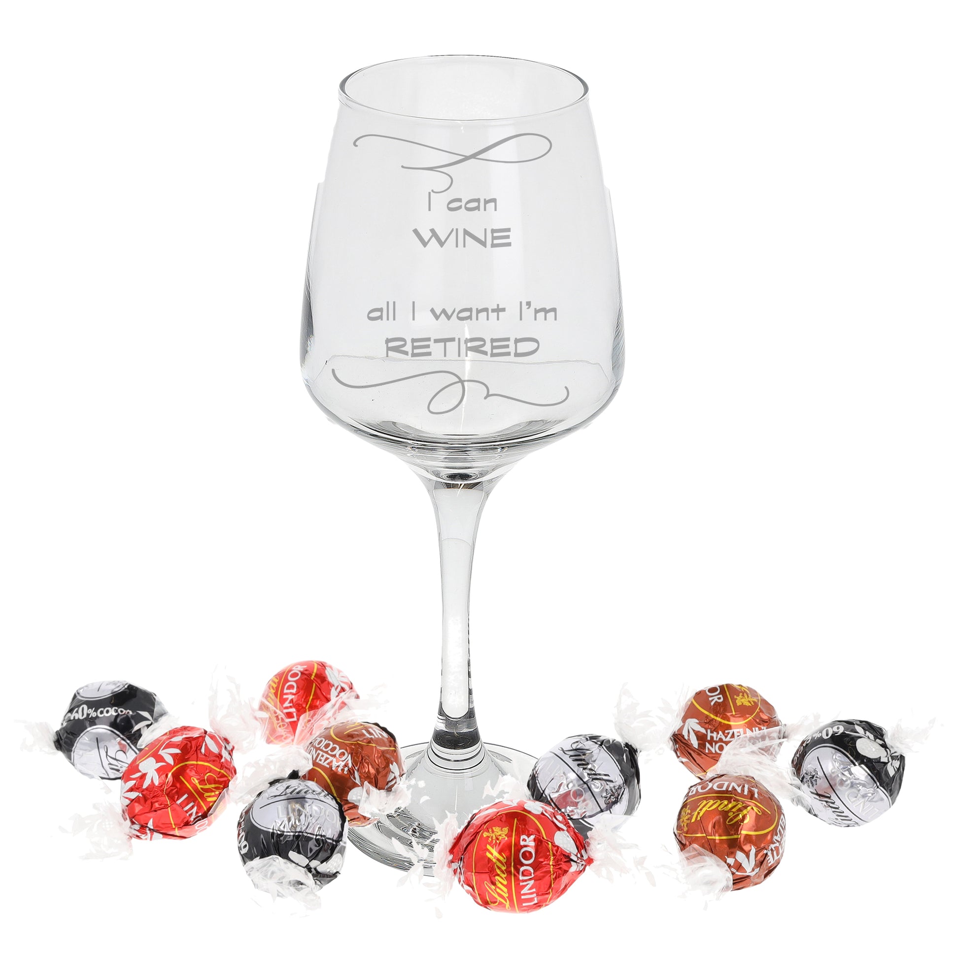 Personalised Engraved Wine Glass Retirement Gift  - Always Looking Good - Filled- Lindt Chocolates  