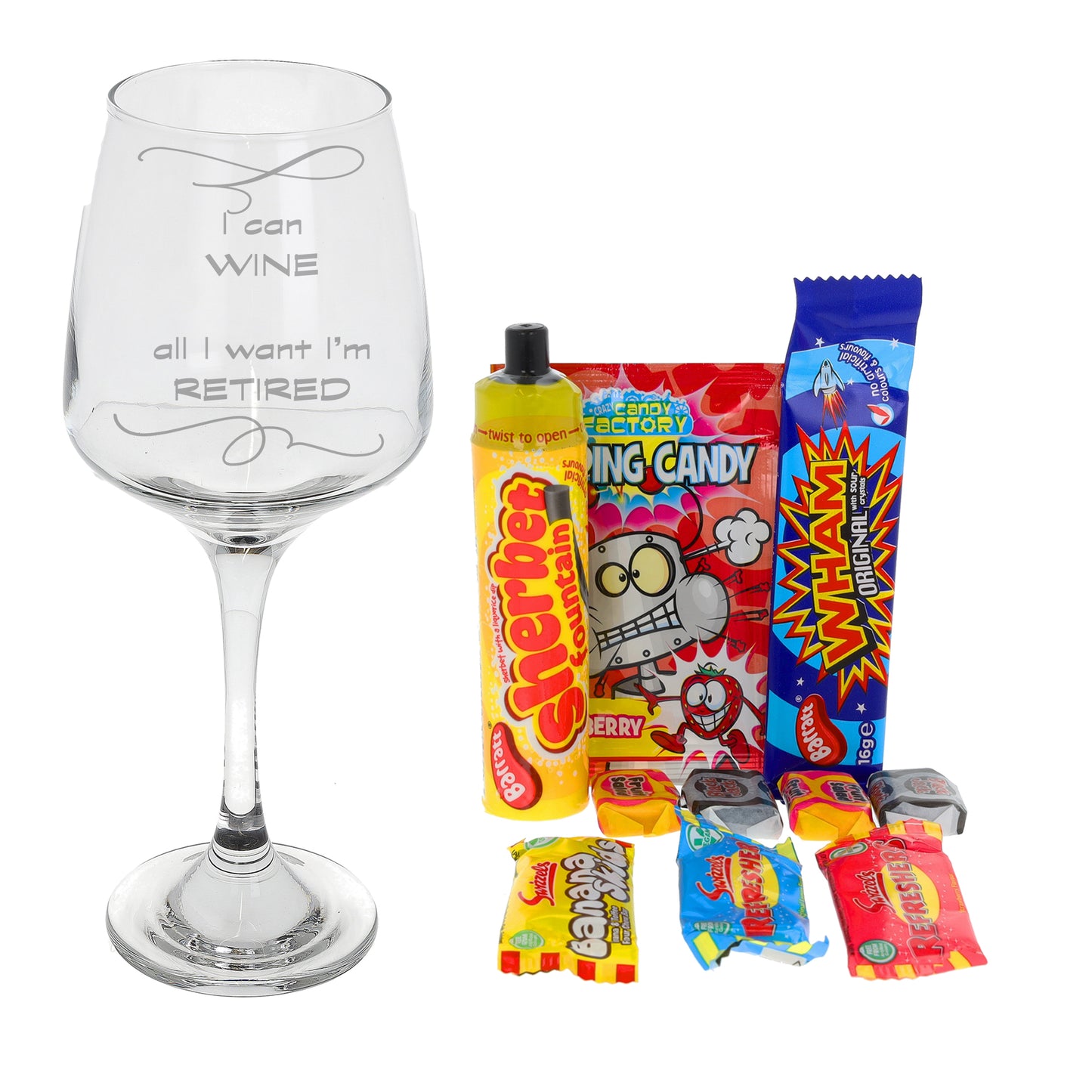 Personalised Engraved Wine Glass Retirement Gift  - Always Looking Good - Filled- Retro Sweets  