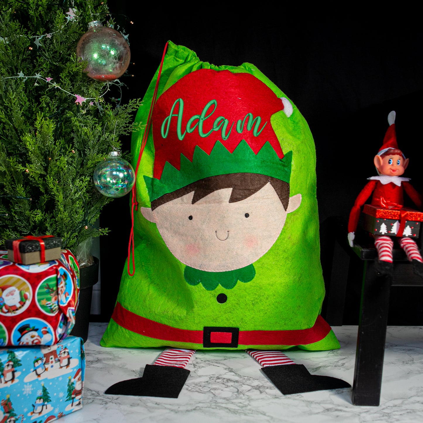 Personalised Embroidered Elf Christmas Stocking and Present Sack Set  - Always Looking Good -   