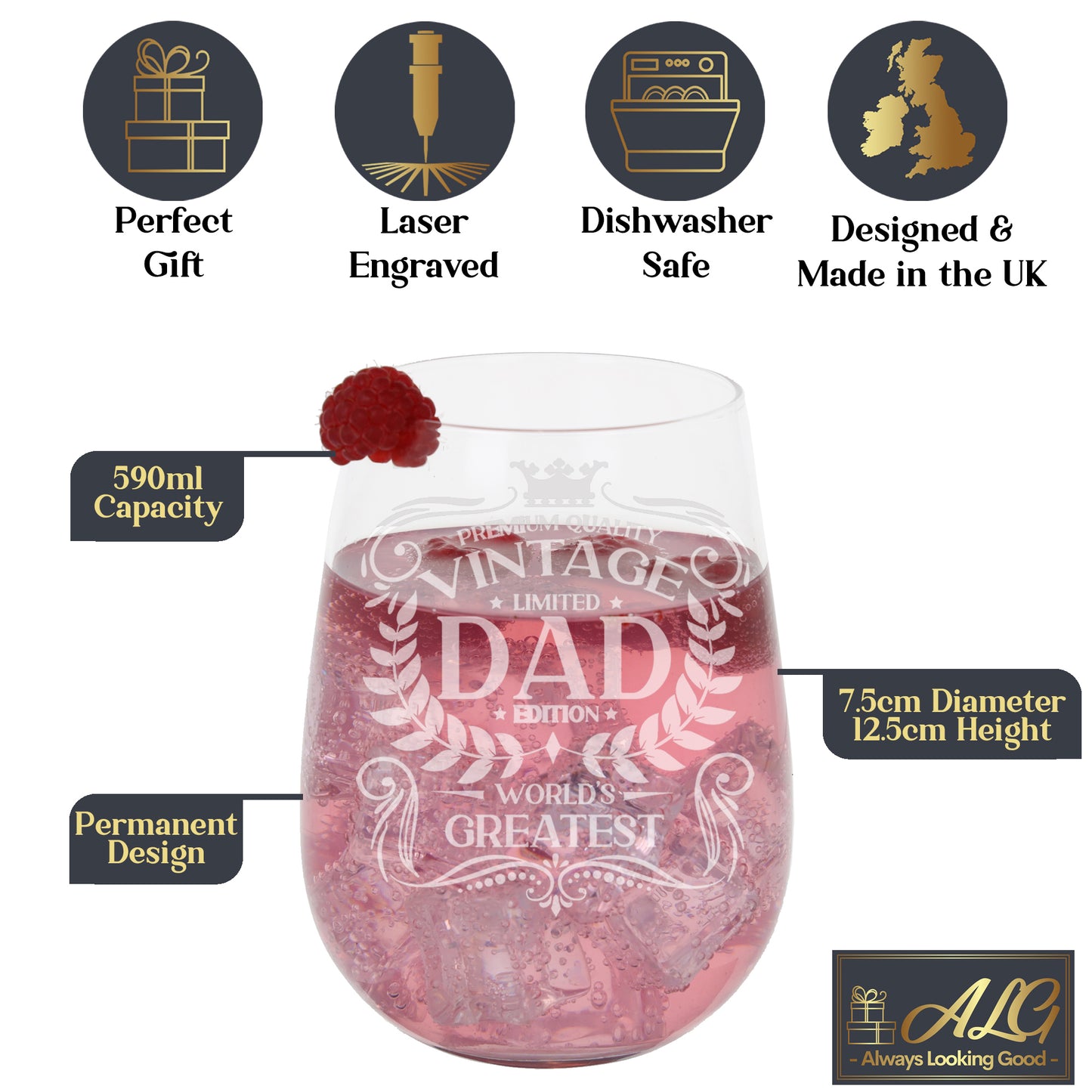 Vintage World's Greatest Dad Engraved Stemless Gin Glass Gift  - Always Looking Good -   