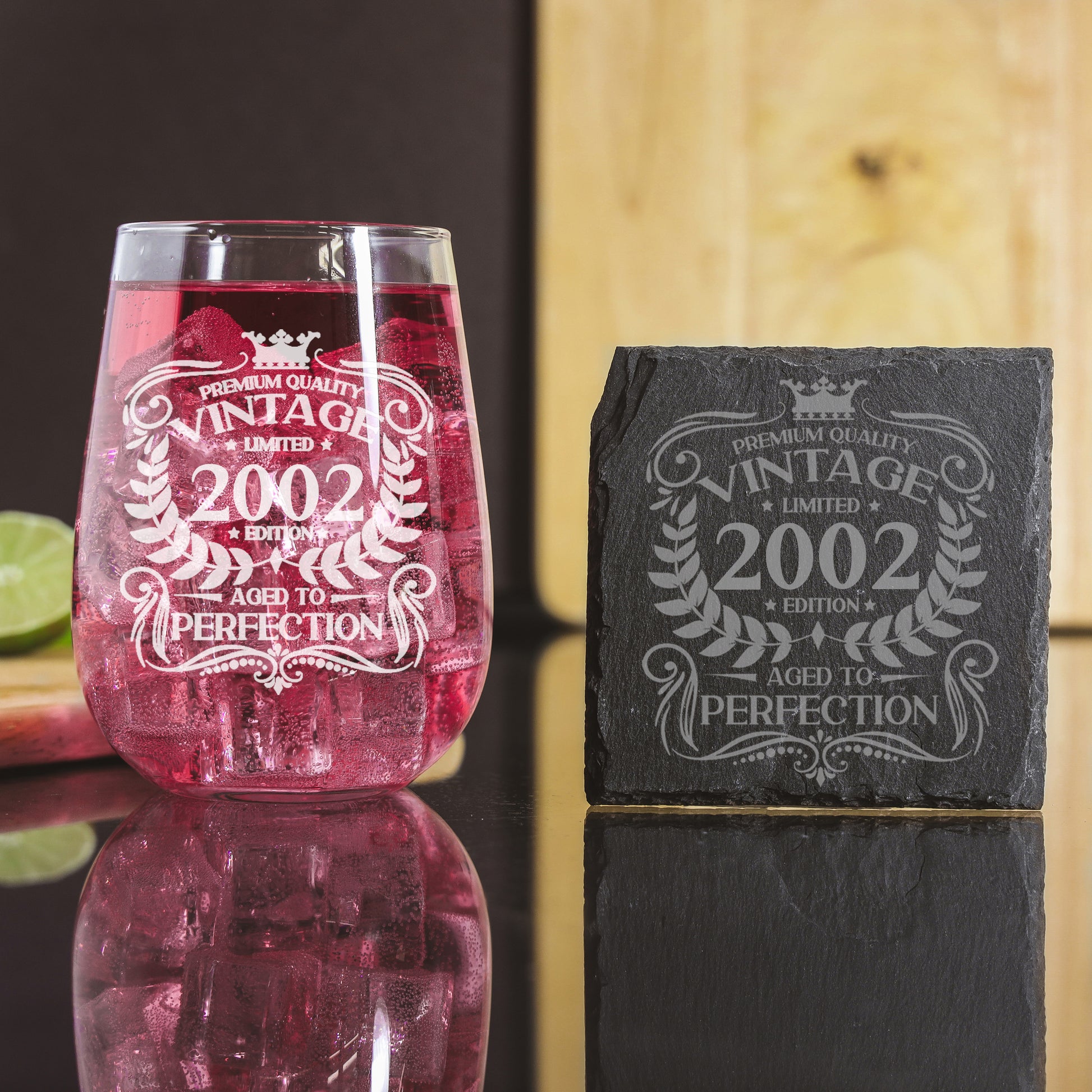Vintage 2002 21st Birthday Engraved Stemless Gin Glass Gift  - Always Looking Good - Glass & Square Coaster  