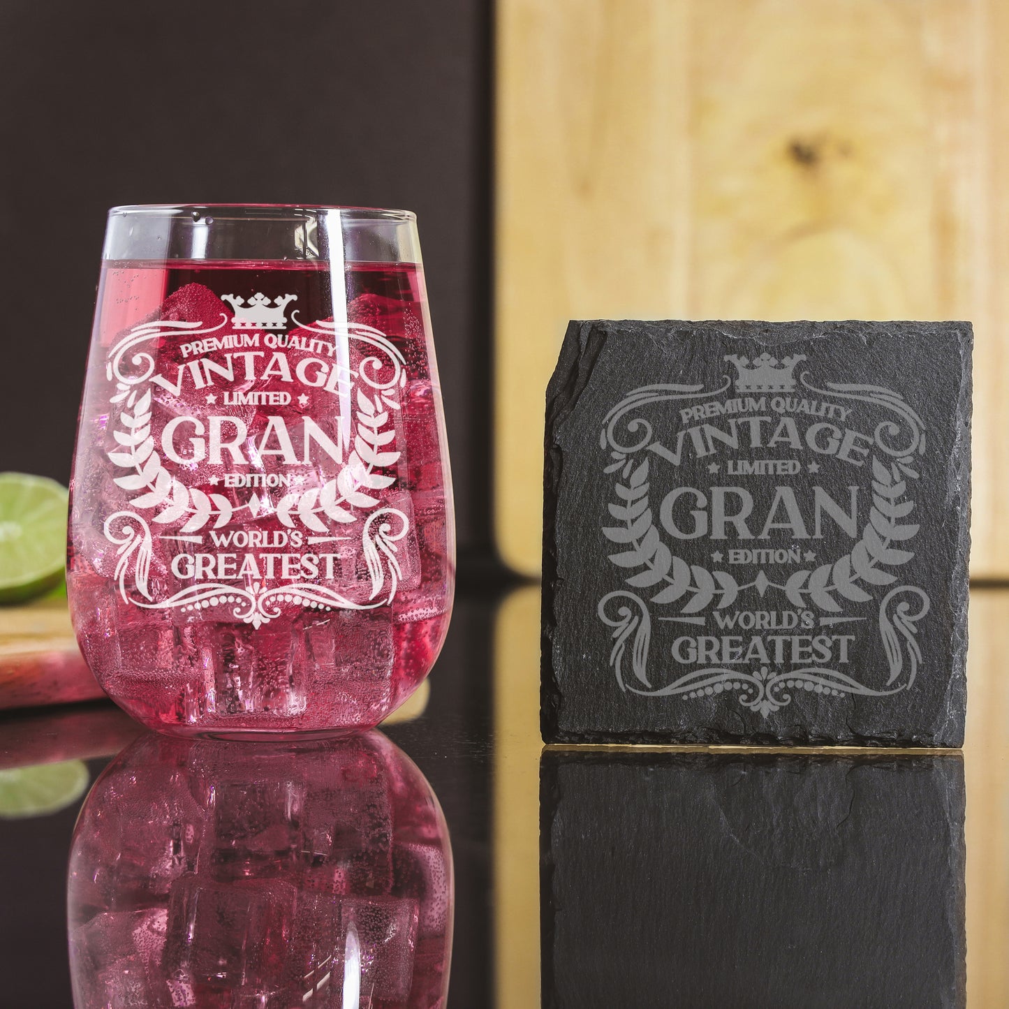 Vintage World's Greatest Gran Engraved Stemless Gin Glass Gift  - Always Looking Good - Glass & Square Coaster  