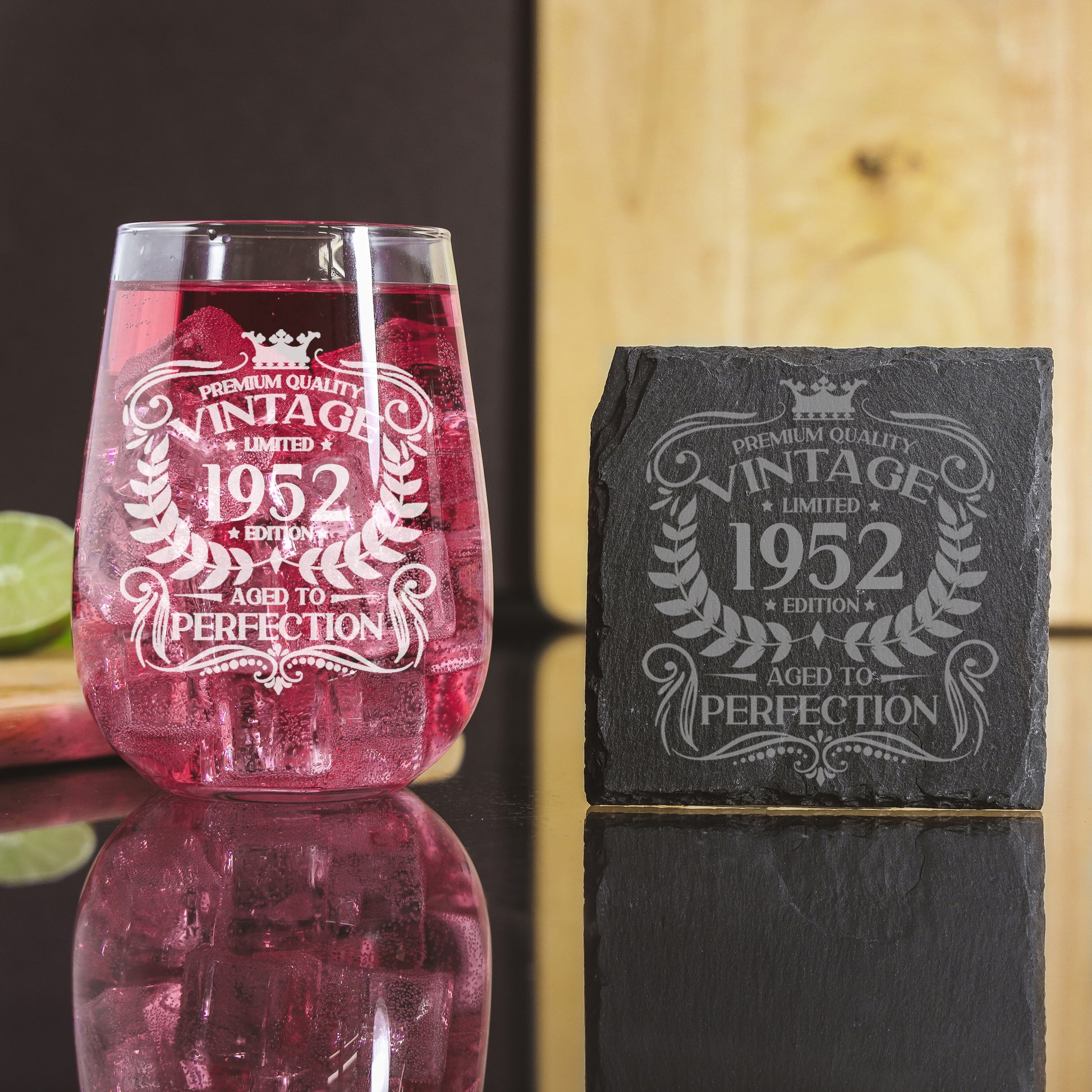Vintage Any Year All Ages Engraved Birthday Stemless Gin Glass and/or Coaster Set  - Always Looking Good -   