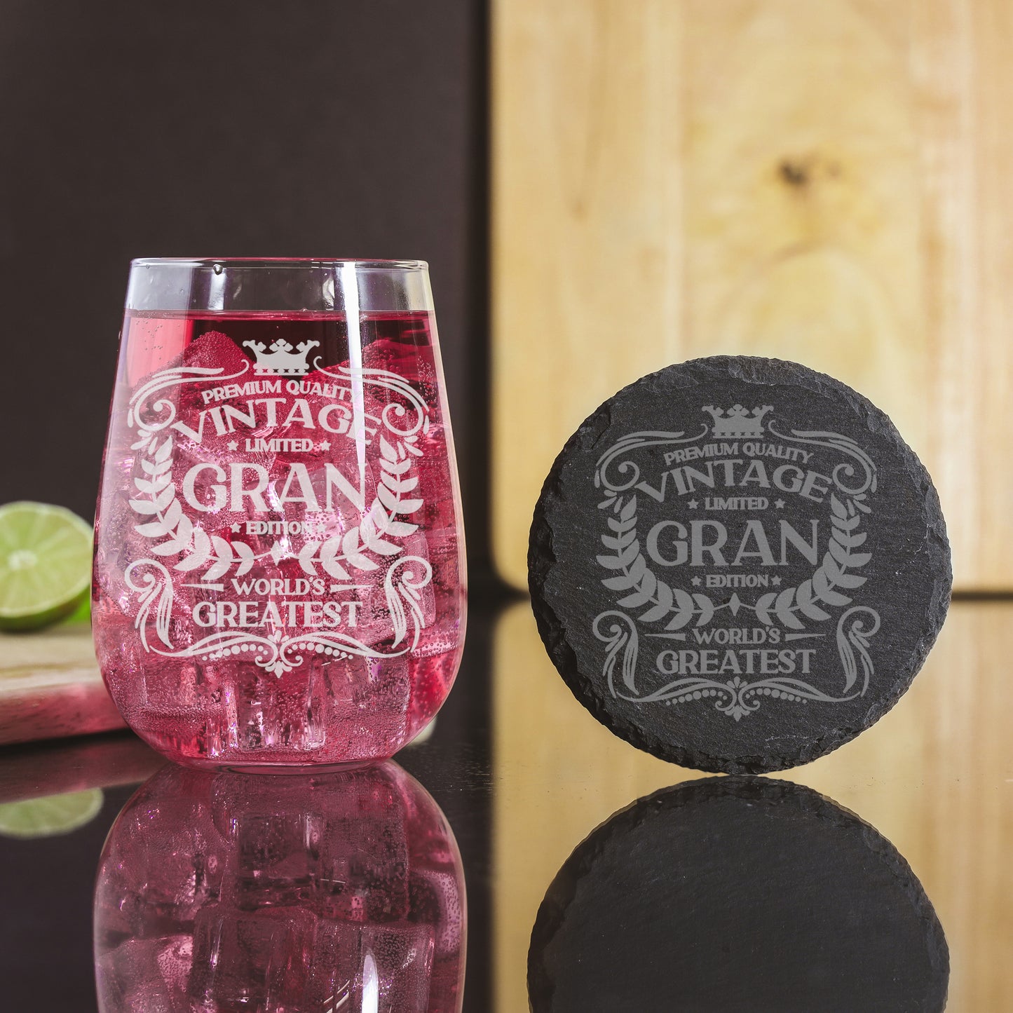 Vintage World's Greatest Gran Engraved Stemless Gin Glass Gift  - Always Looking Good - Glass & Round Coaster  