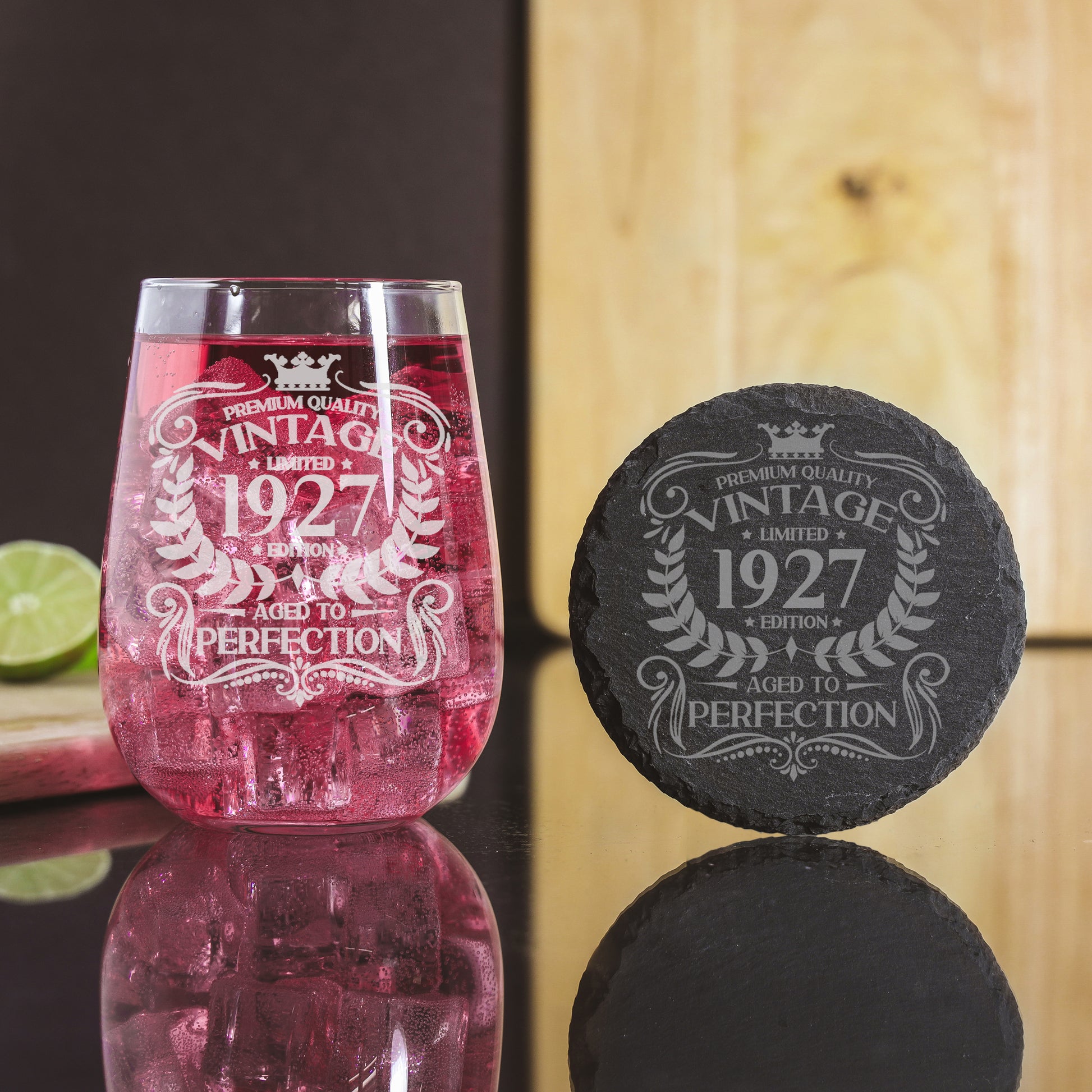 Vintage Any Year All Ages Engraved Birthday Stemless Gin Glass and/or Coaster Set  - Always Looking Good -   