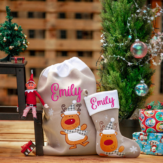 Personalised Embroidered Large Grey Christmas Reindeer Or Santa Sack and Stocking Set  - Always Looking Good -   