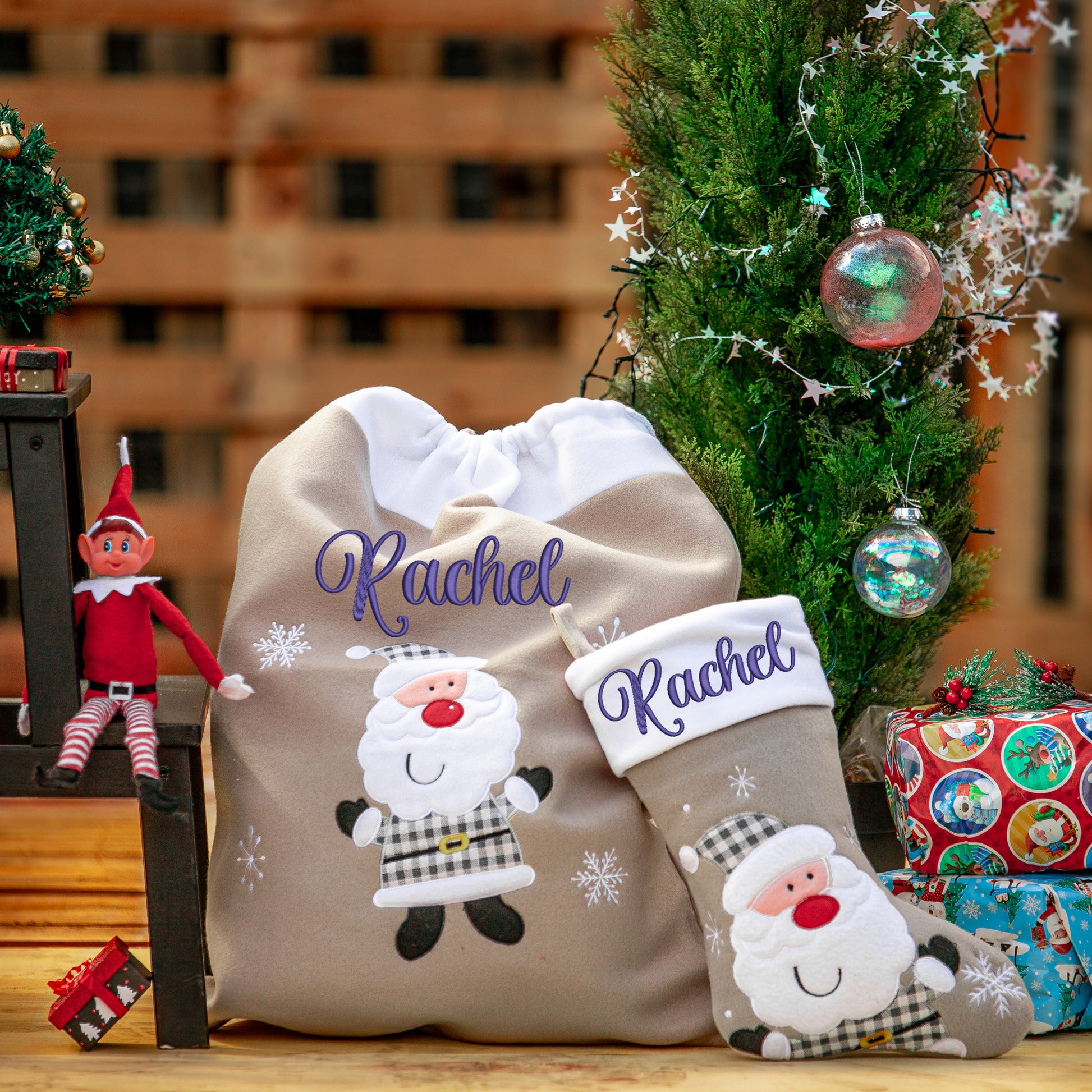 Personalised Embroidered Large Grey Christmas Reindeer Or Santa Sack and Stocking Set  - Always Looking Good -   