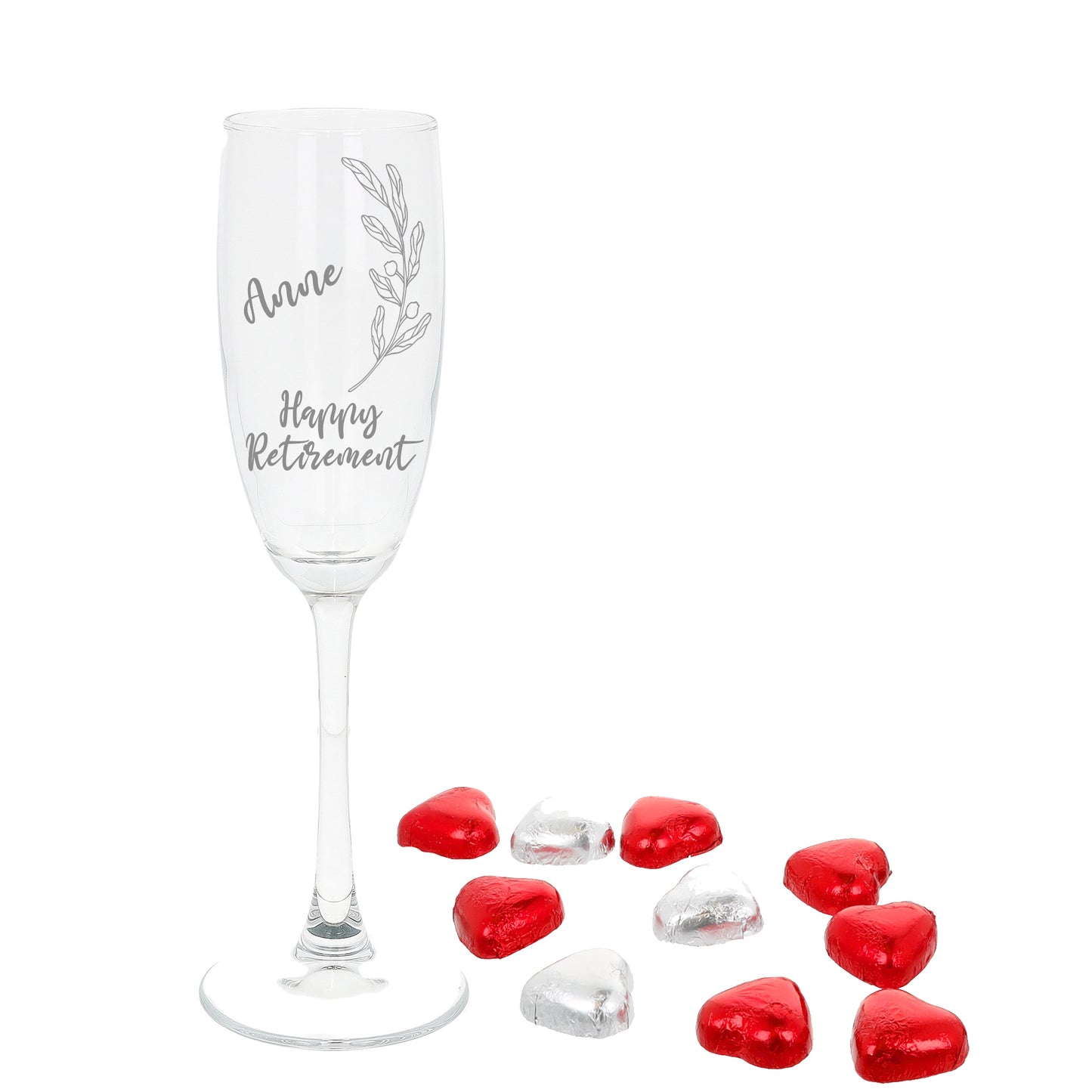 Personalised Engraved Retirement Champagne Glass Gift  - Always Looking Good - Filled- Heart Chocolates  