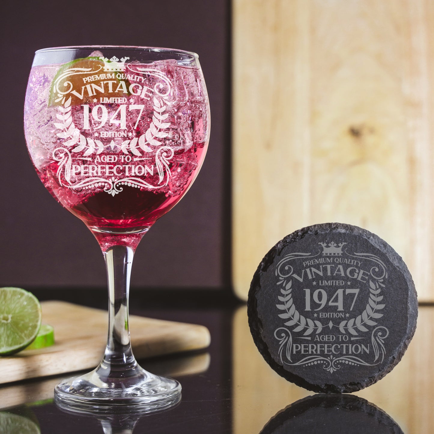 Vintage Engraved Balloon Gin Glass and/or Coaster Set Birthday Any Year All Ages  - Always Looking Good - Glass & Round Coaster  