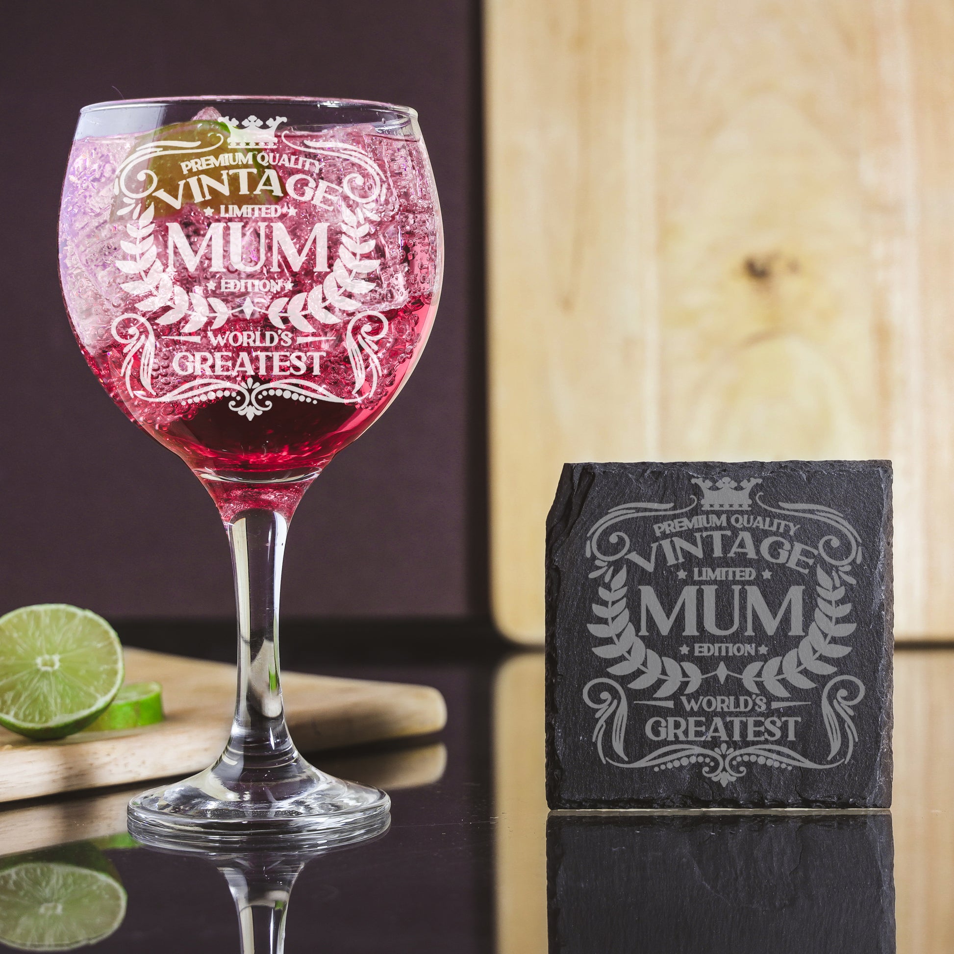 Vintage World's Greatest Mum Engraved Gin Glass Gift  - Always Looking Good - Glass & Square Coaster  